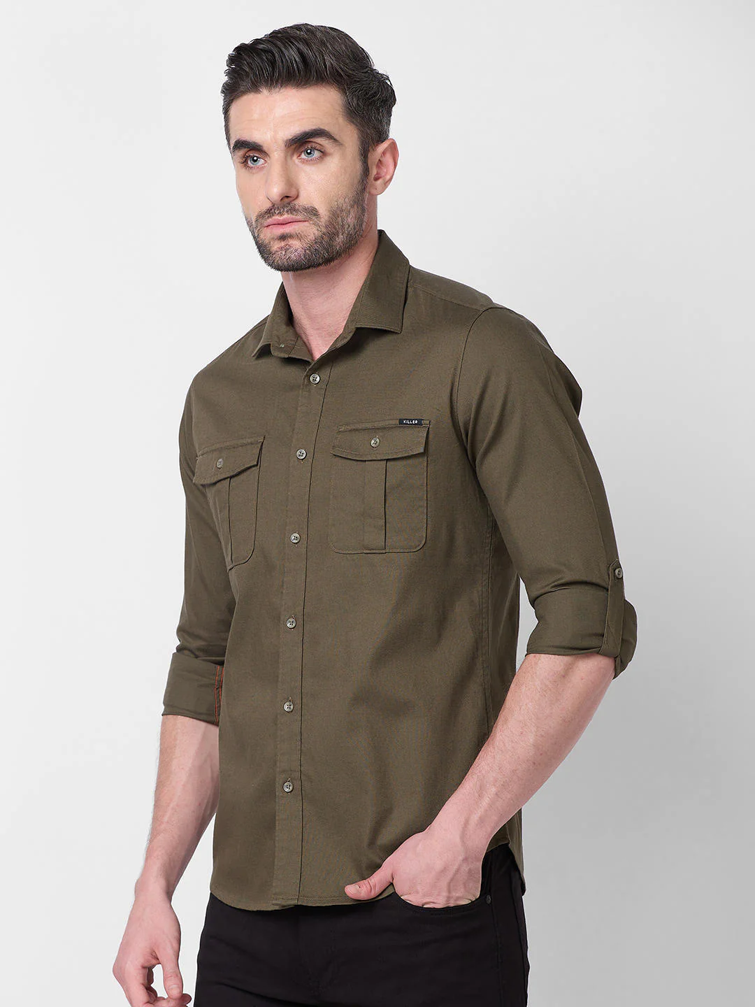 Men's Olive Solid Slim Fit Shirts - Image 6