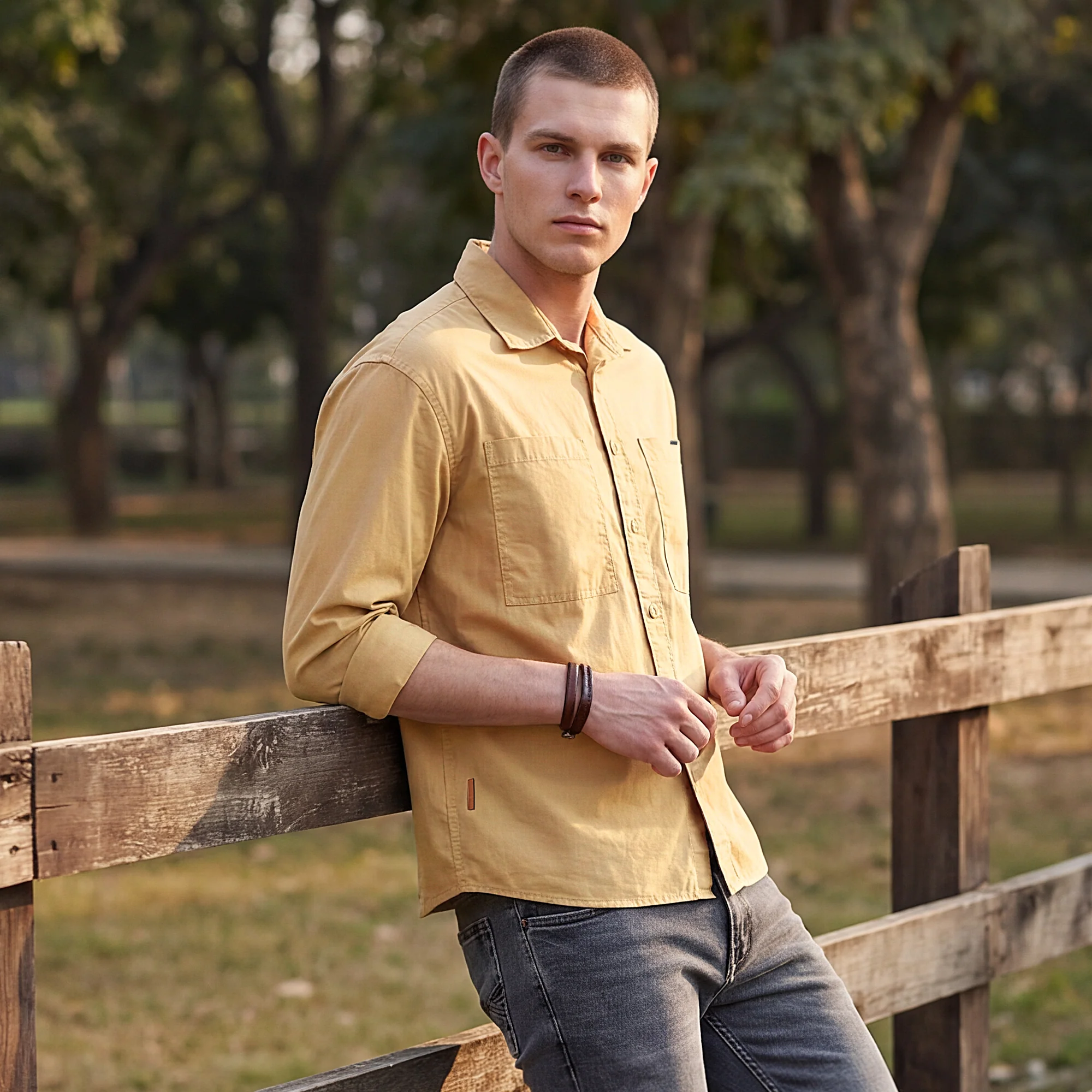 Men's Sand Solid Loose Fit Shirts - Image 2
