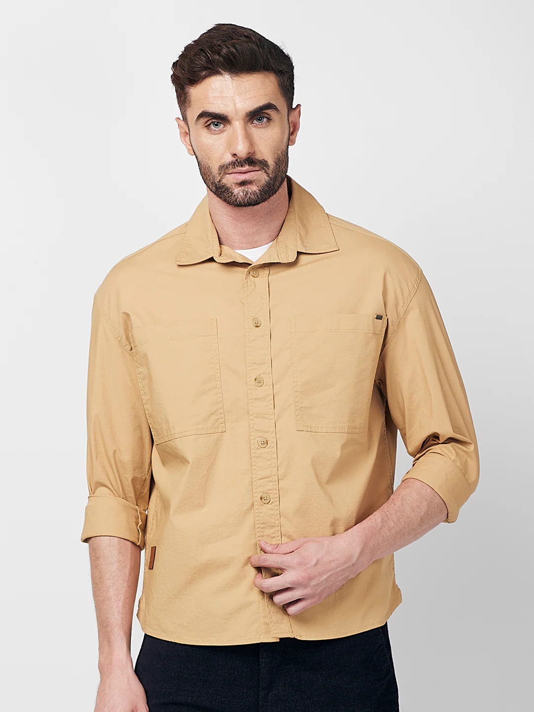 Men's Sand Solid Loose Fit Shirts - Image 3