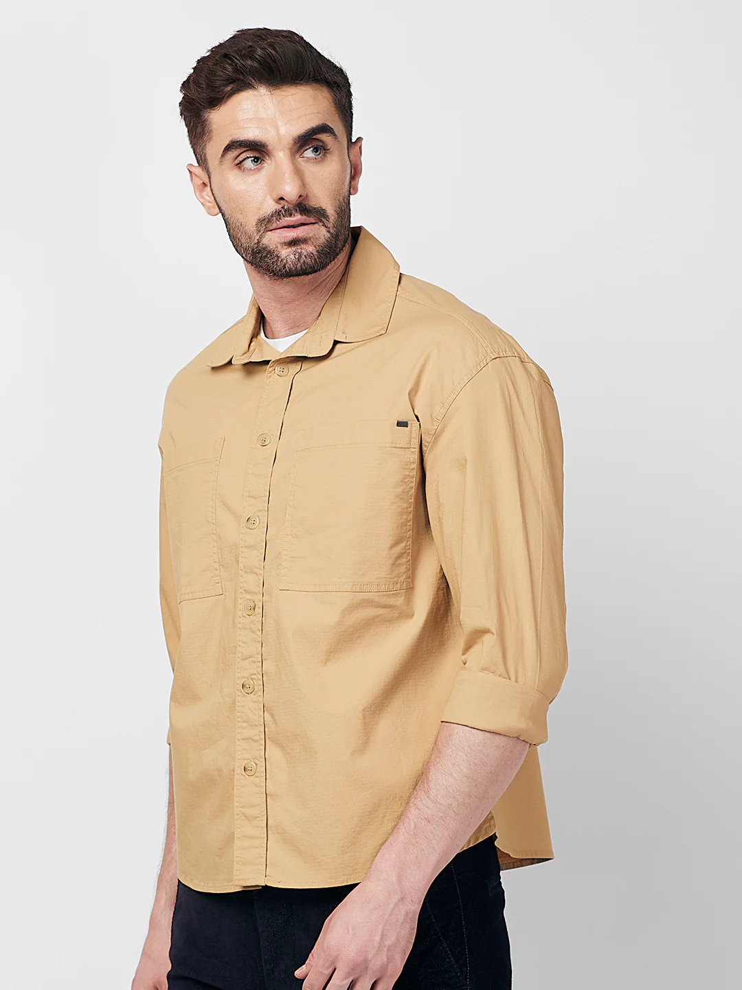 Men's Sand Solid Loose Fit Shirts - Image 5