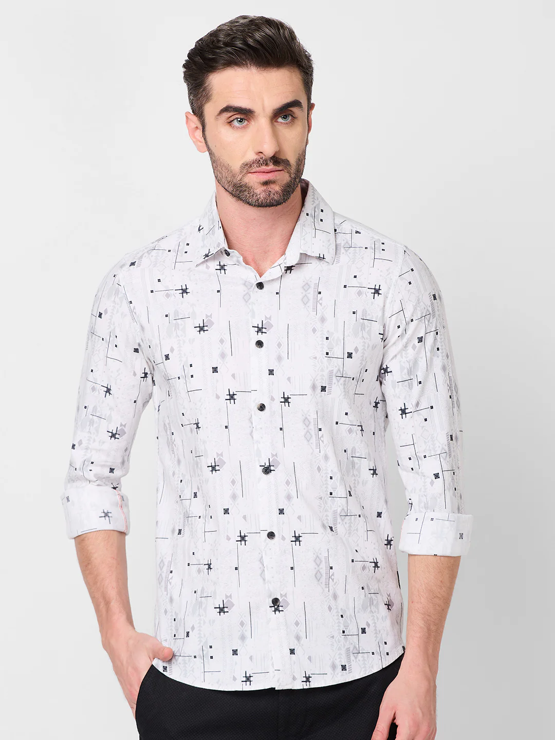 Men's White Printed Slim Fit Shirts - Image 3