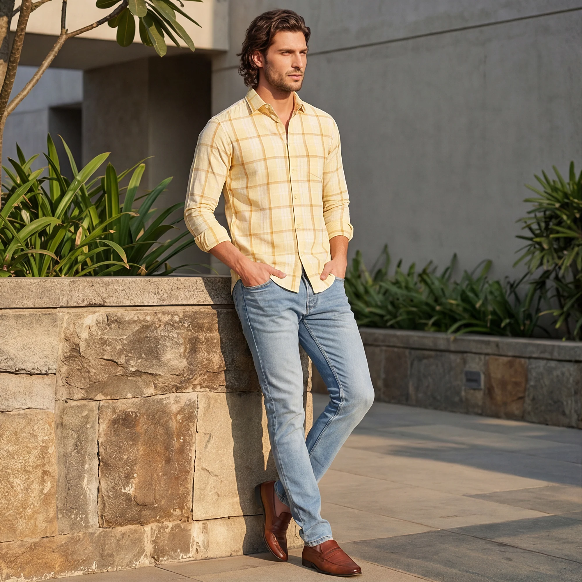 Men's Yellow Checks Slim Fit Shirts