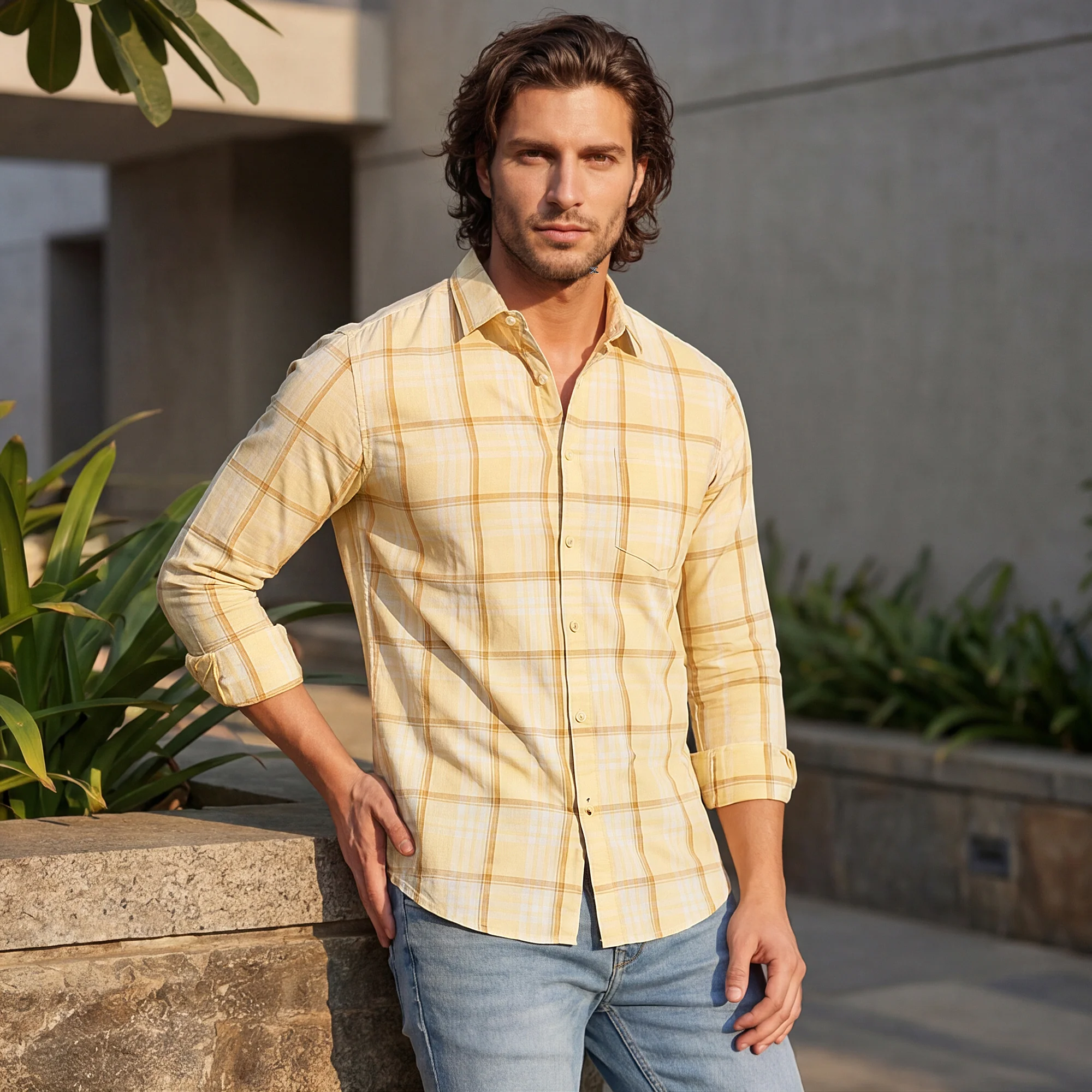 Men's Yellow Checks Slim Fit Shirts - Image 2