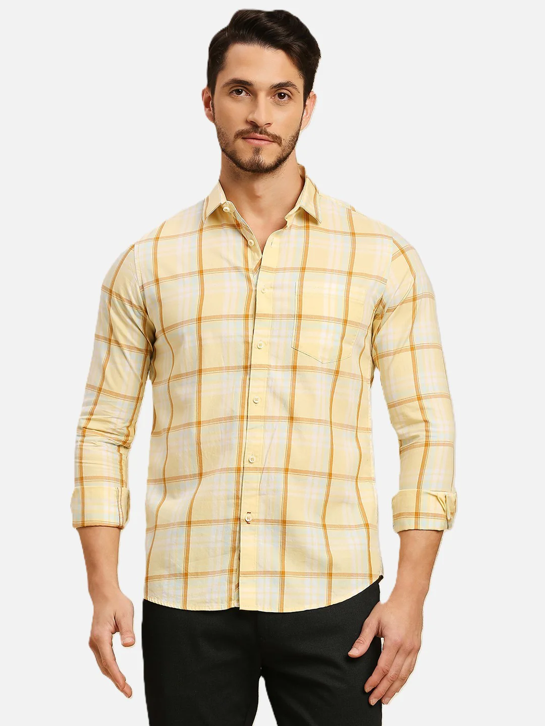 Men's Yellow Checks Slim Fit Shirts - Image 3