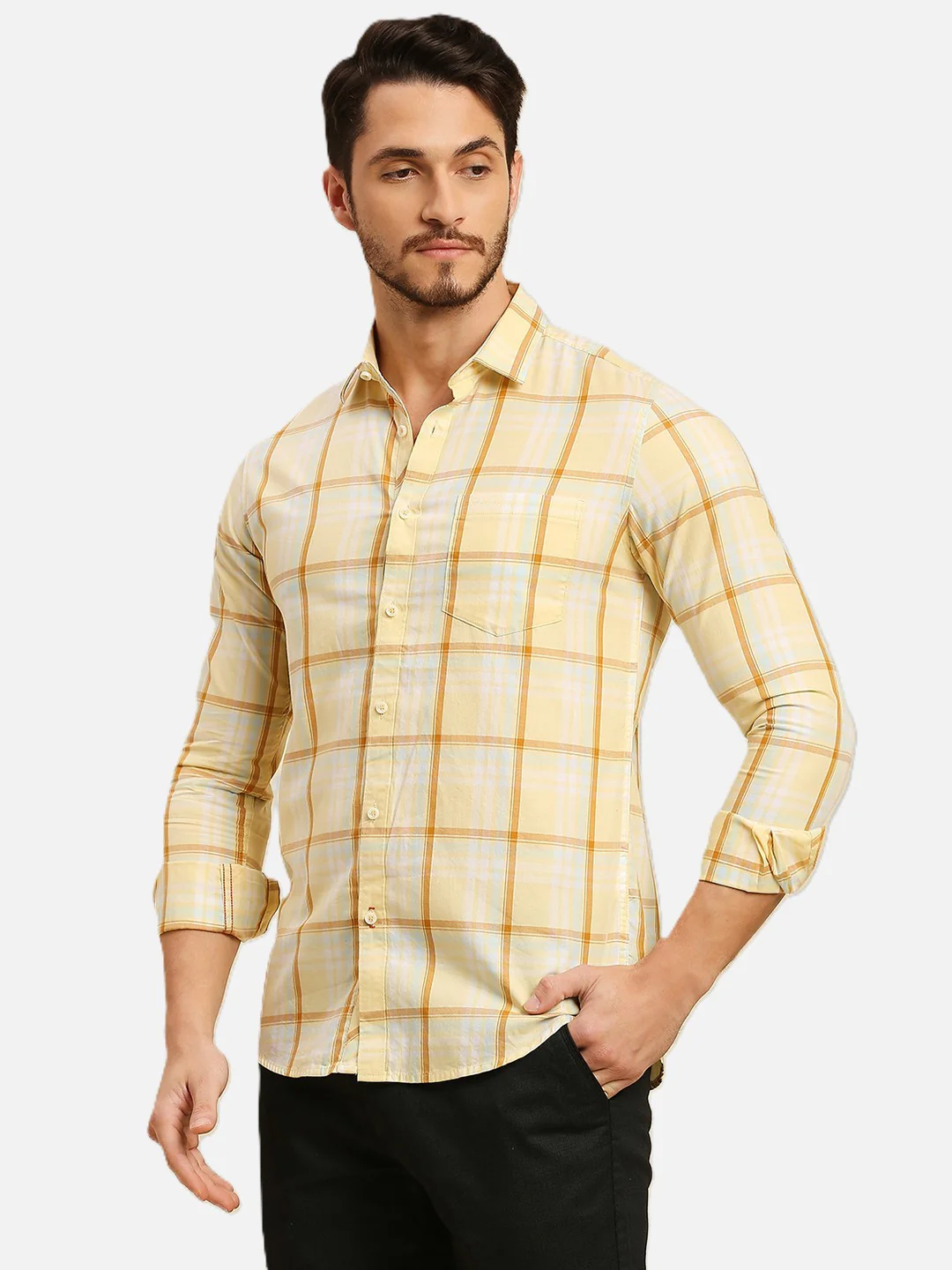 Men's Yellow Checks Slim Fit Shirts - Image 5