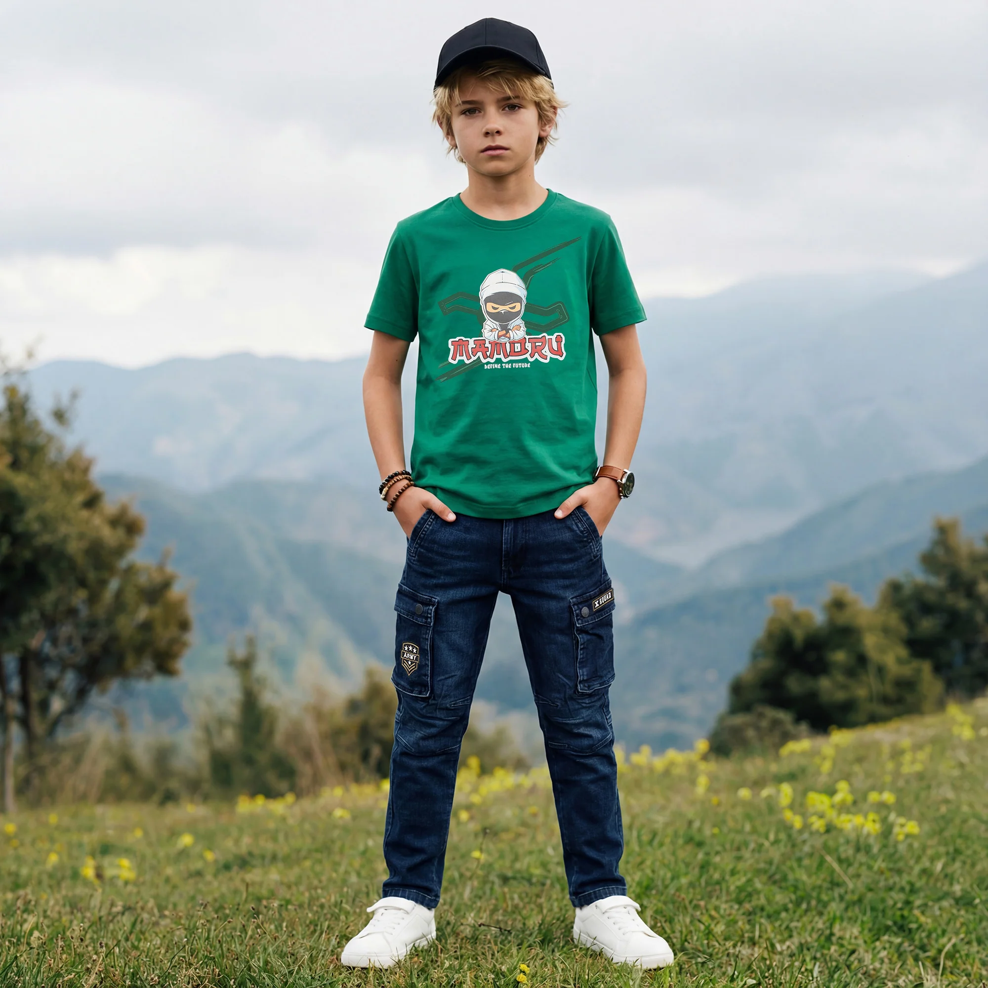 Kid's Green Slim Fit Printed T-Shirts - Image 3