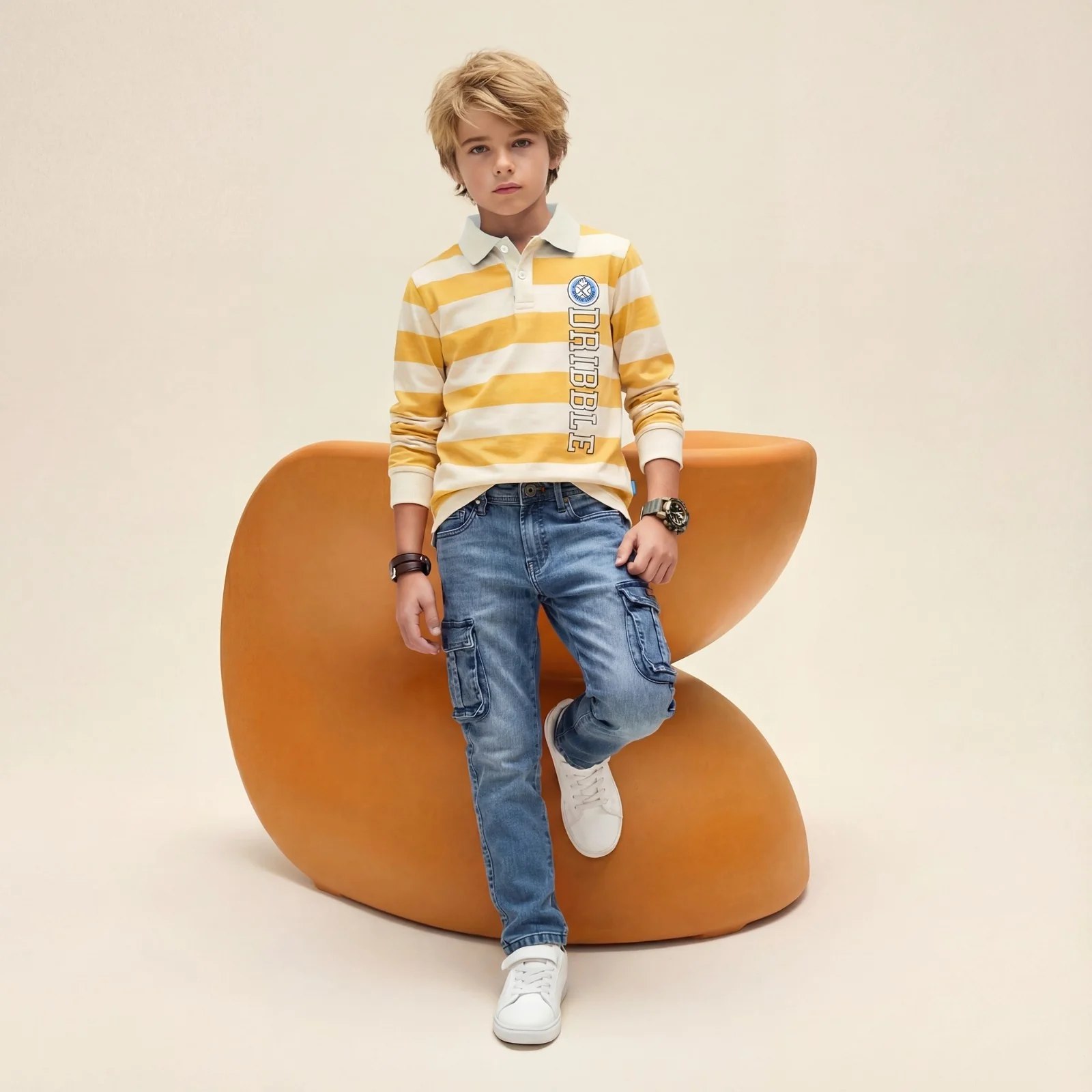 Kid's Mustard Polo Neck Full Sleeve T-Shirts - Image 3
