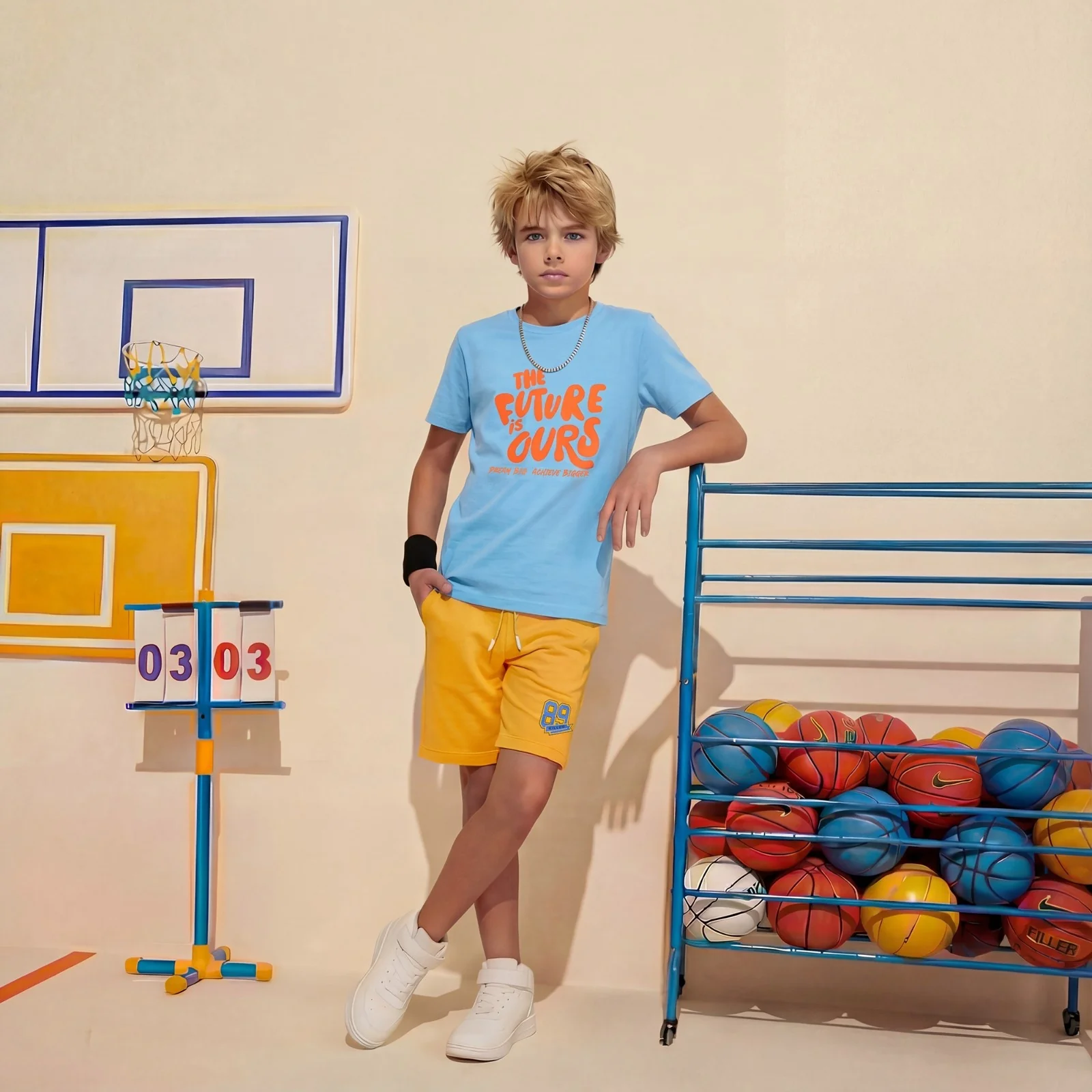 Kid's Orange/Sky Slim Fit Printed T-Shirts - Image 5