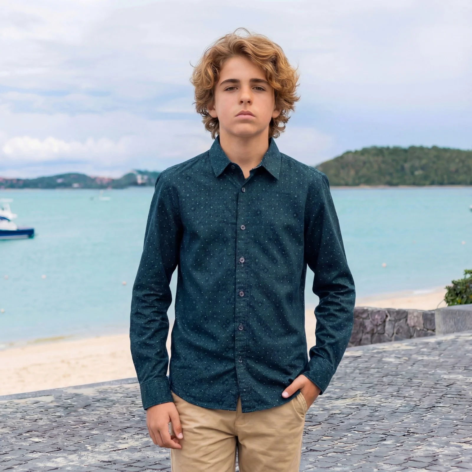 Kid's Teal Blue Slim Fit Shirts