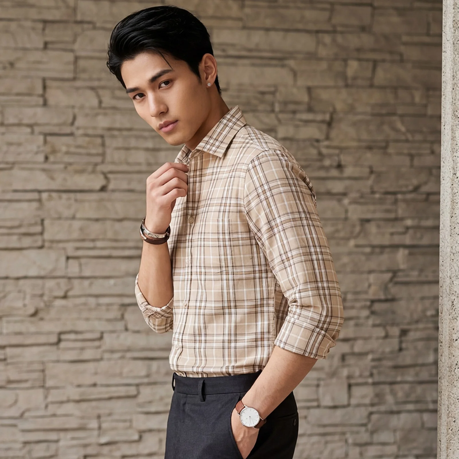Men's Beige Checks Slim Fit Shirts - Image 2