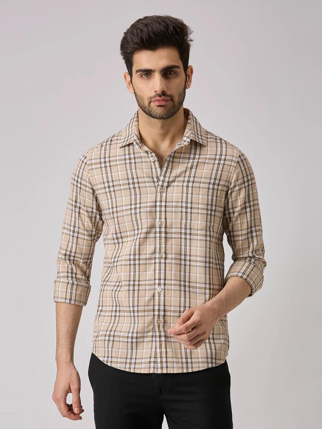 Men's Beige Checks Slim Fit Shirts - Image 3