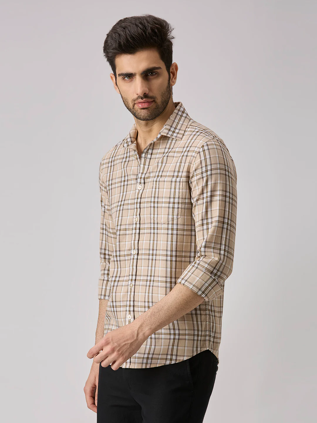 Men's Beige Checks Slim Fit Shirts - Image 4