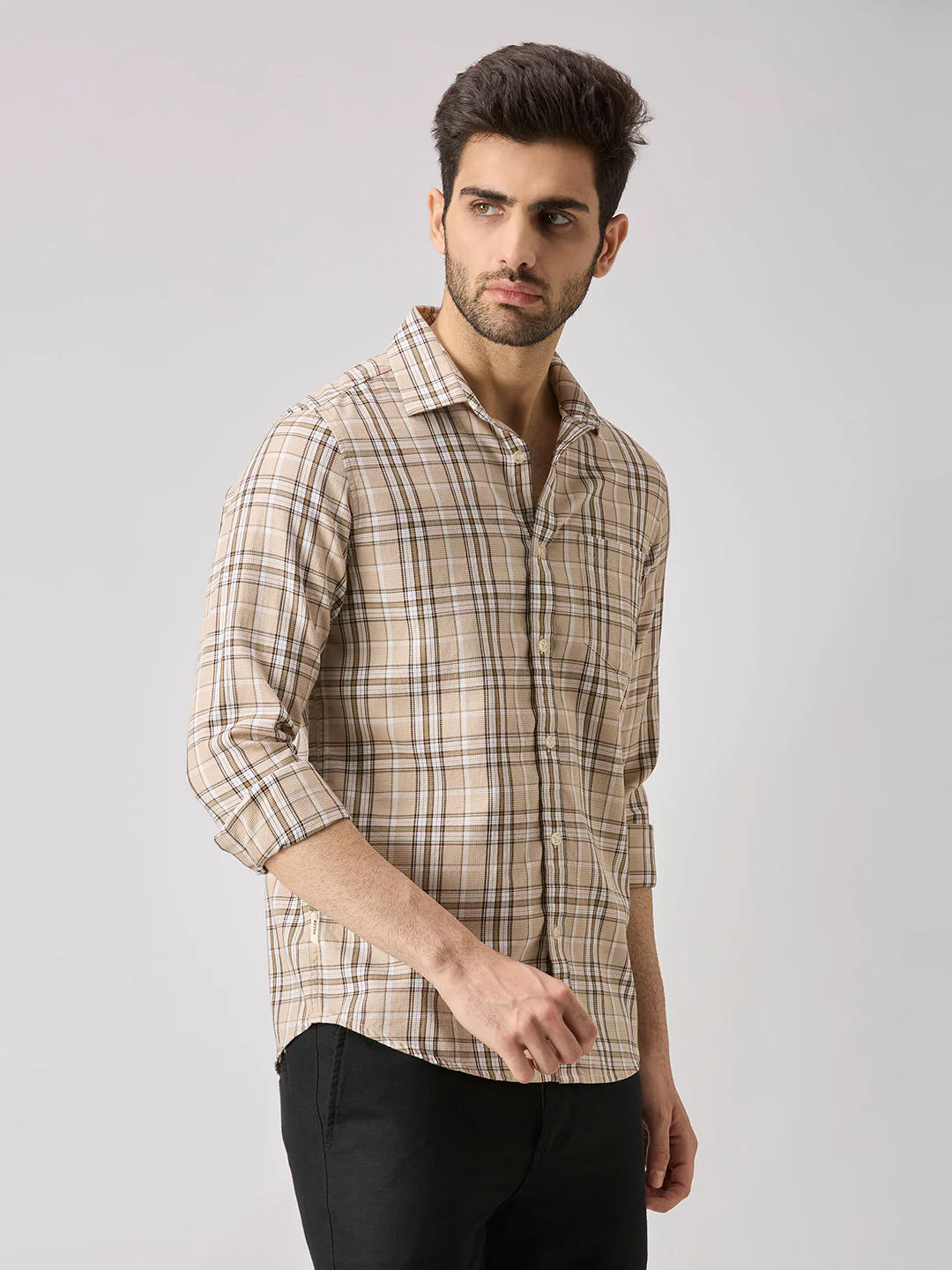 Men's Beige Checks Slim Fit Shirts - Image 5