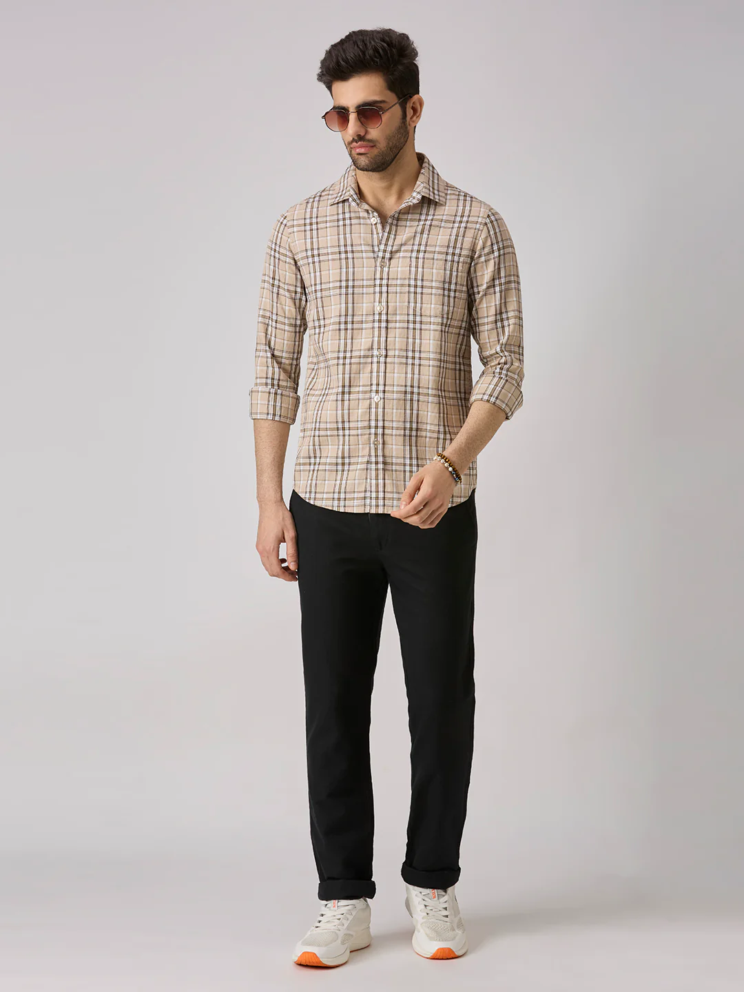 Men's Beige Checks Slim Fit Shirts - Image 8