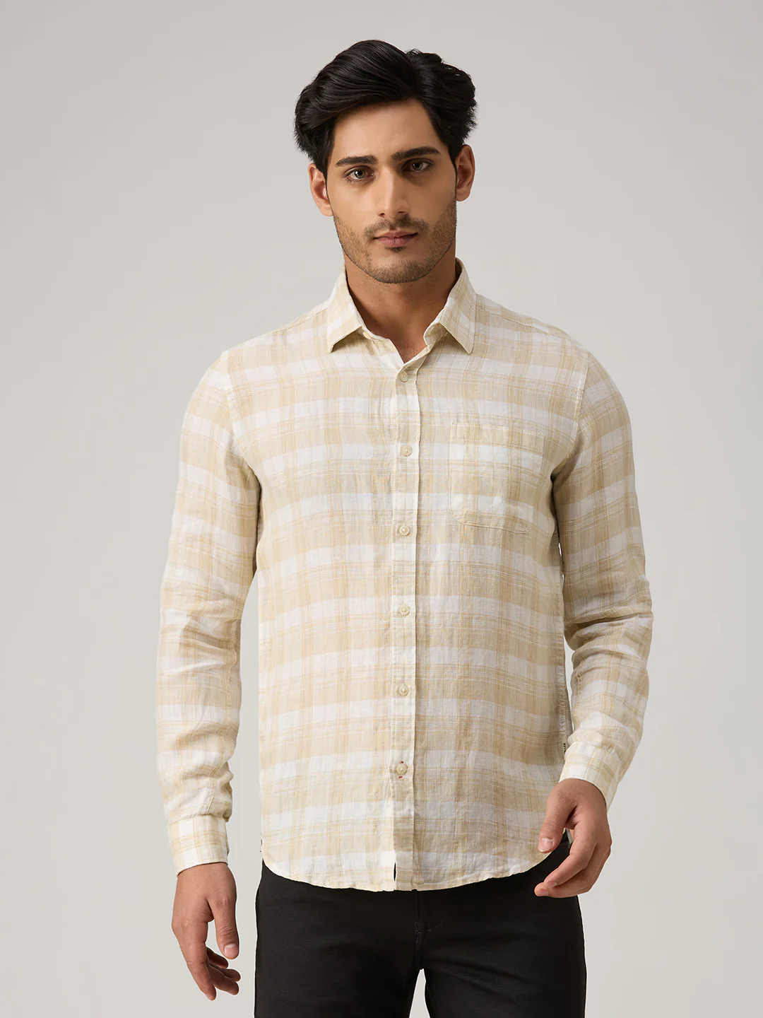 Men's Beige Checks Straight Fit Shirts - Image 3