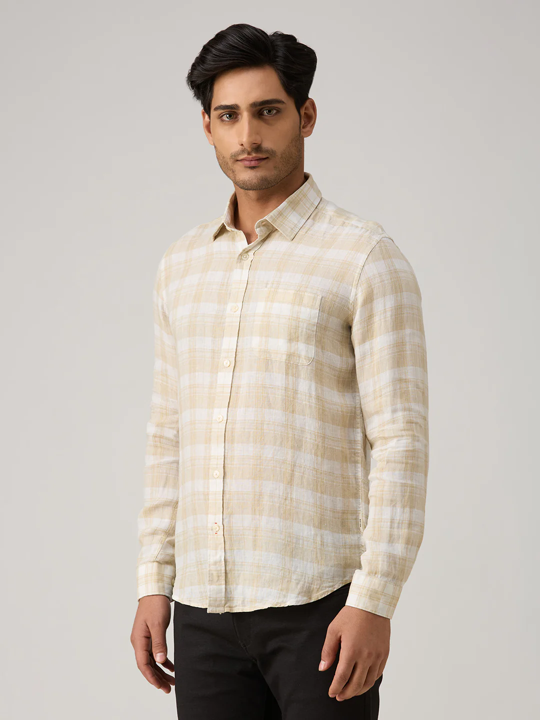 Men's Beige Checks Straight Fit Shirts - Image 4