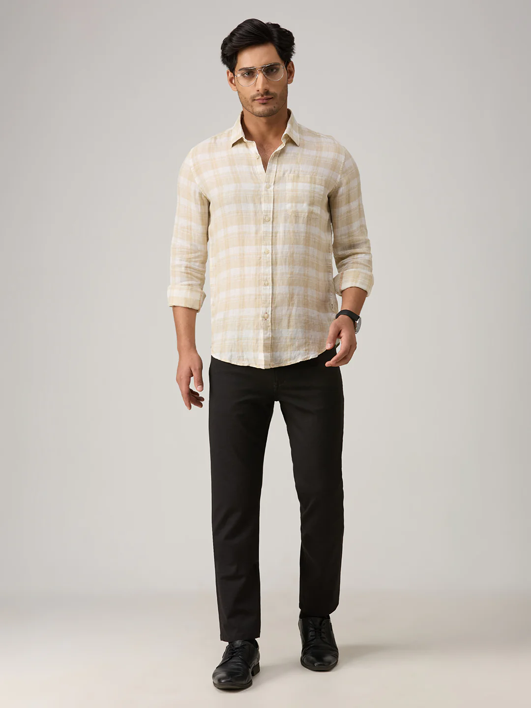 Men's Beige Checks Straight Fit Shirts - Image 8
