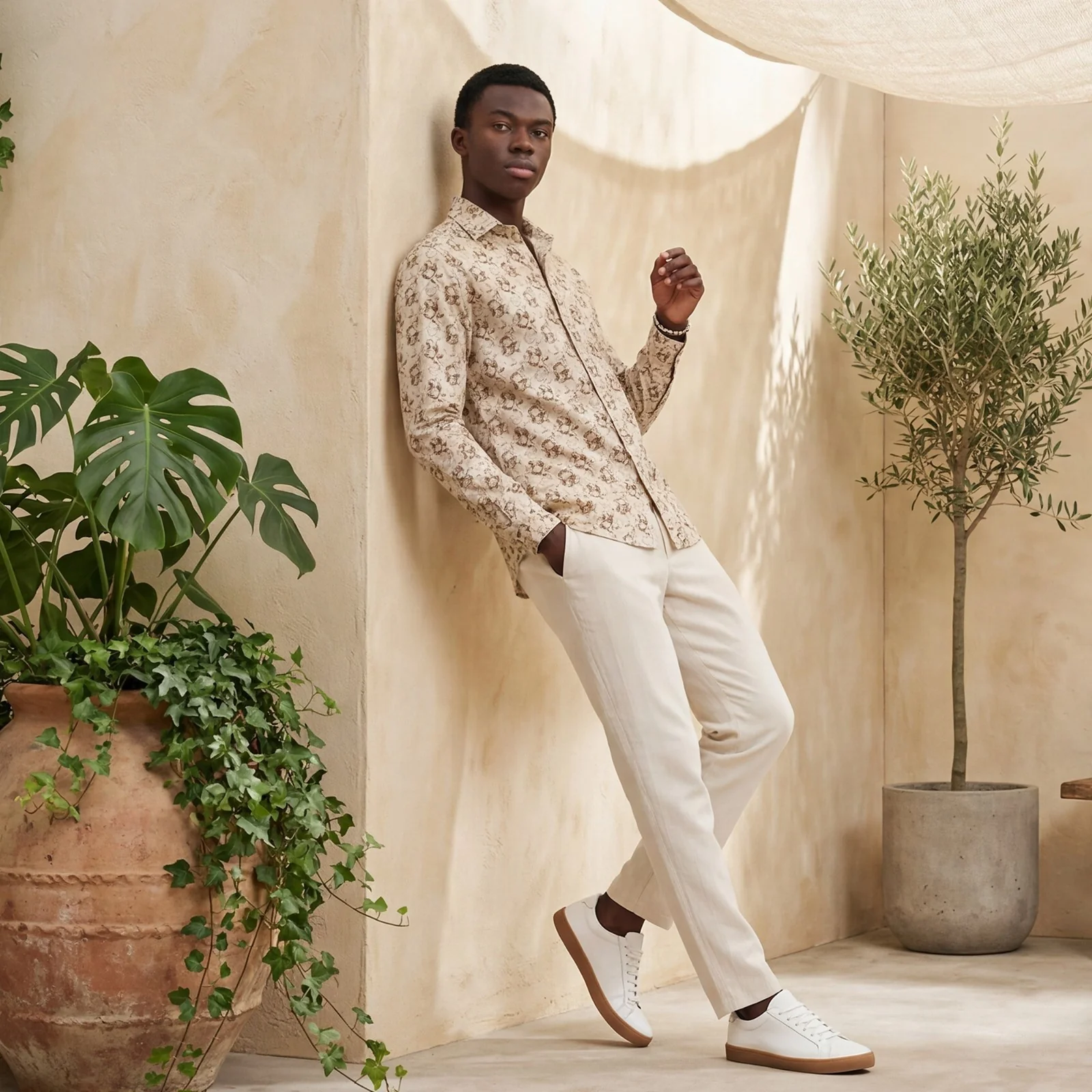 Men's Beige Printed Slim Fit Shirts