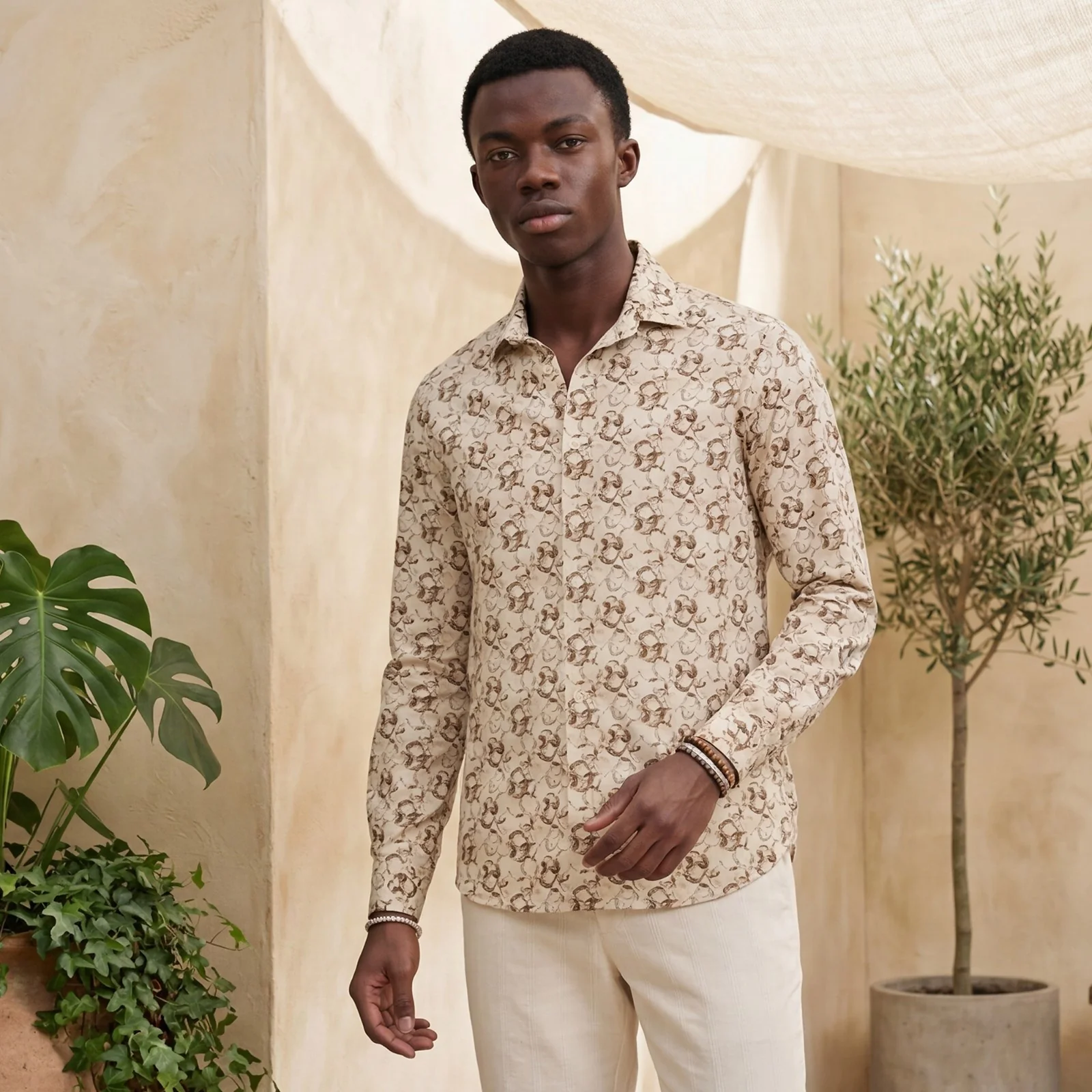 Men's Beige Printed Slim Fit Shirts - Image 2