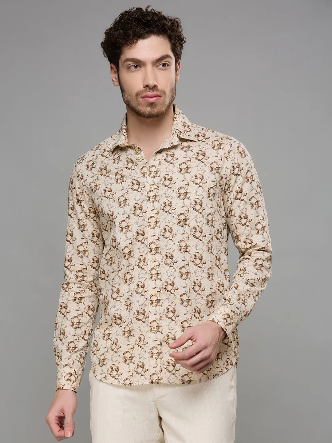 Men's Beige Printed Slim Fit Shirts - Image 3