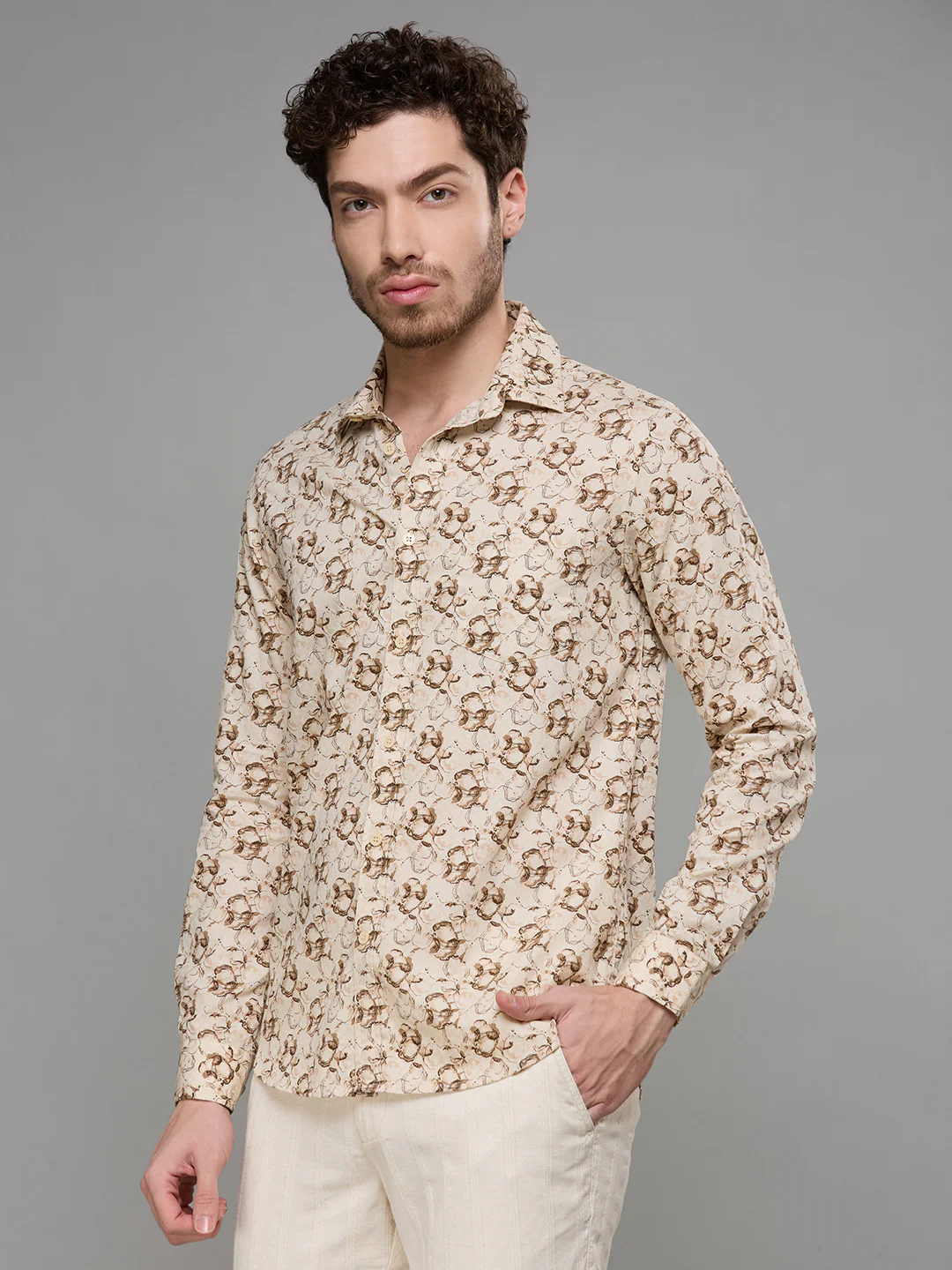 Men's Beige Printed Slim Fit Shirts - Image 4