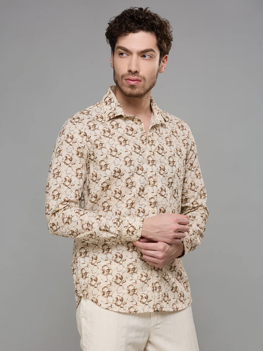 Men's Beige Printed Slim Fit Shirts - Image 5