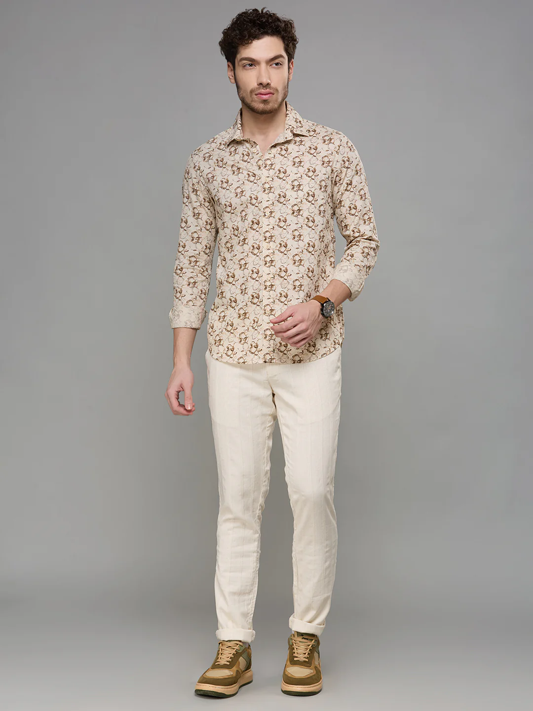 Men's Beige Printed Slim Fit Shirts - Image 8