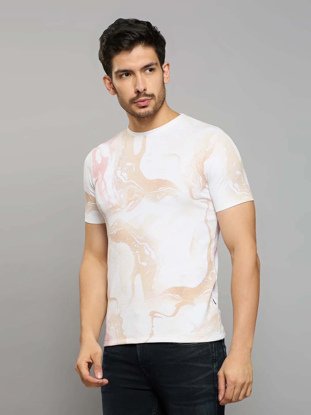 Men's Beige Printed Slim Fit T-Shirts - Image 2