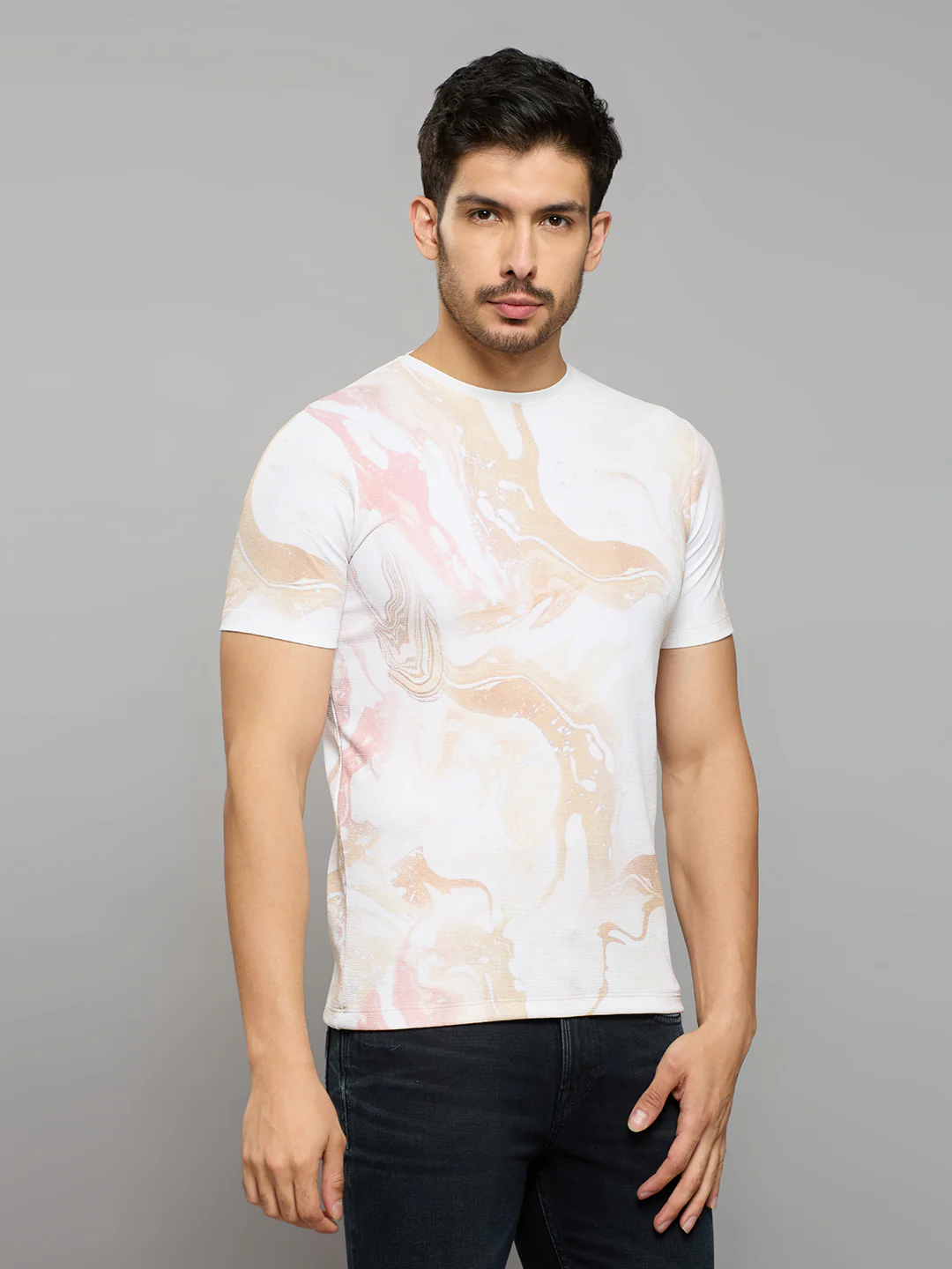 Men's Beige Printed Slim Fit T-Shirts - Image 3