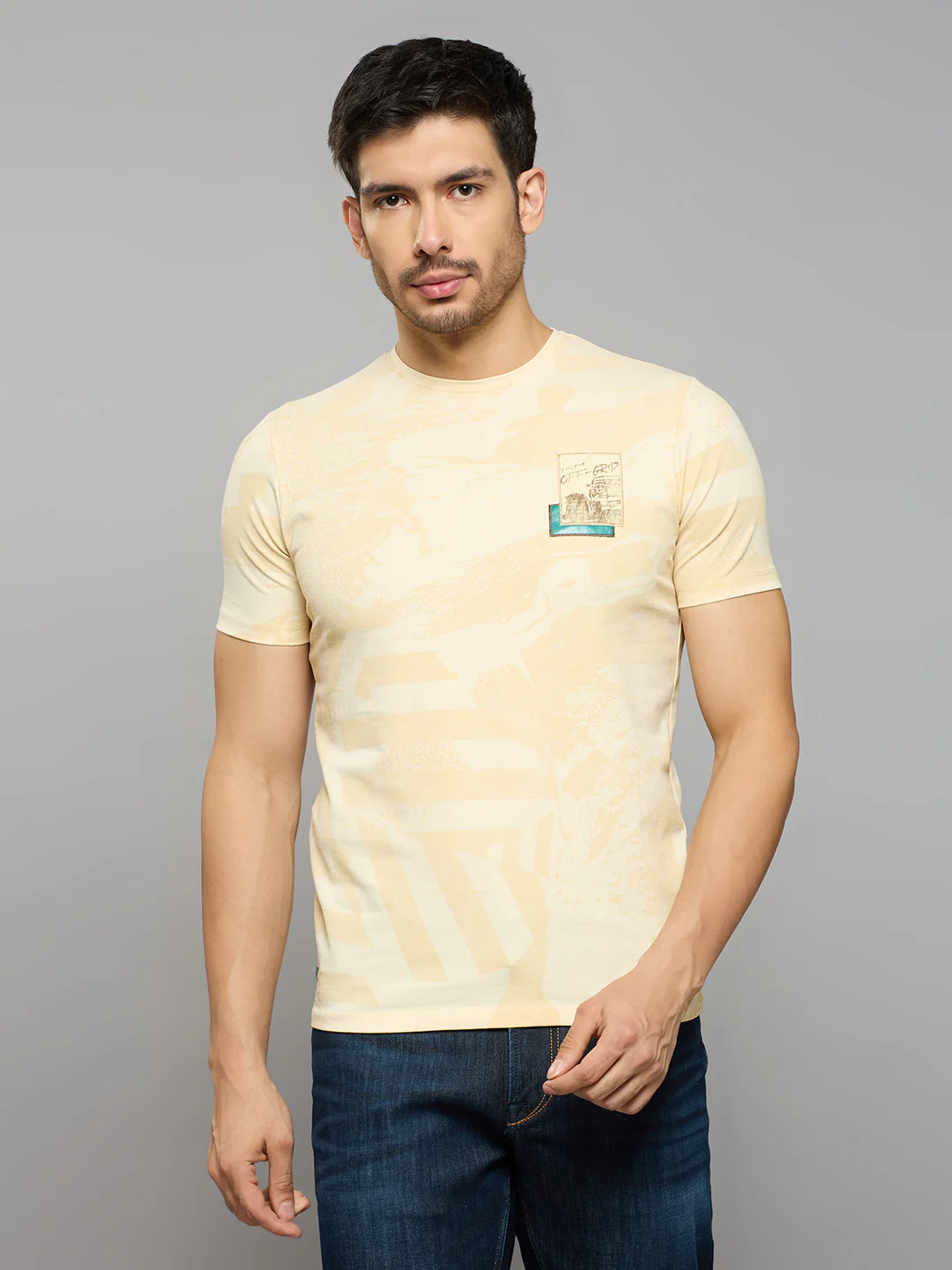 Men's Beige Printed Slim Fit T-Shirts