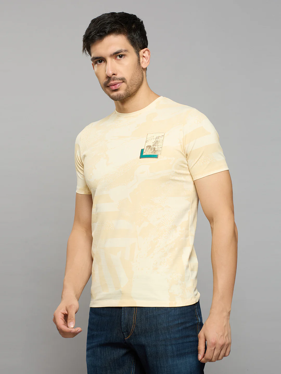 Men's Beige Printed Slim Fit T-Shirts - Image 2