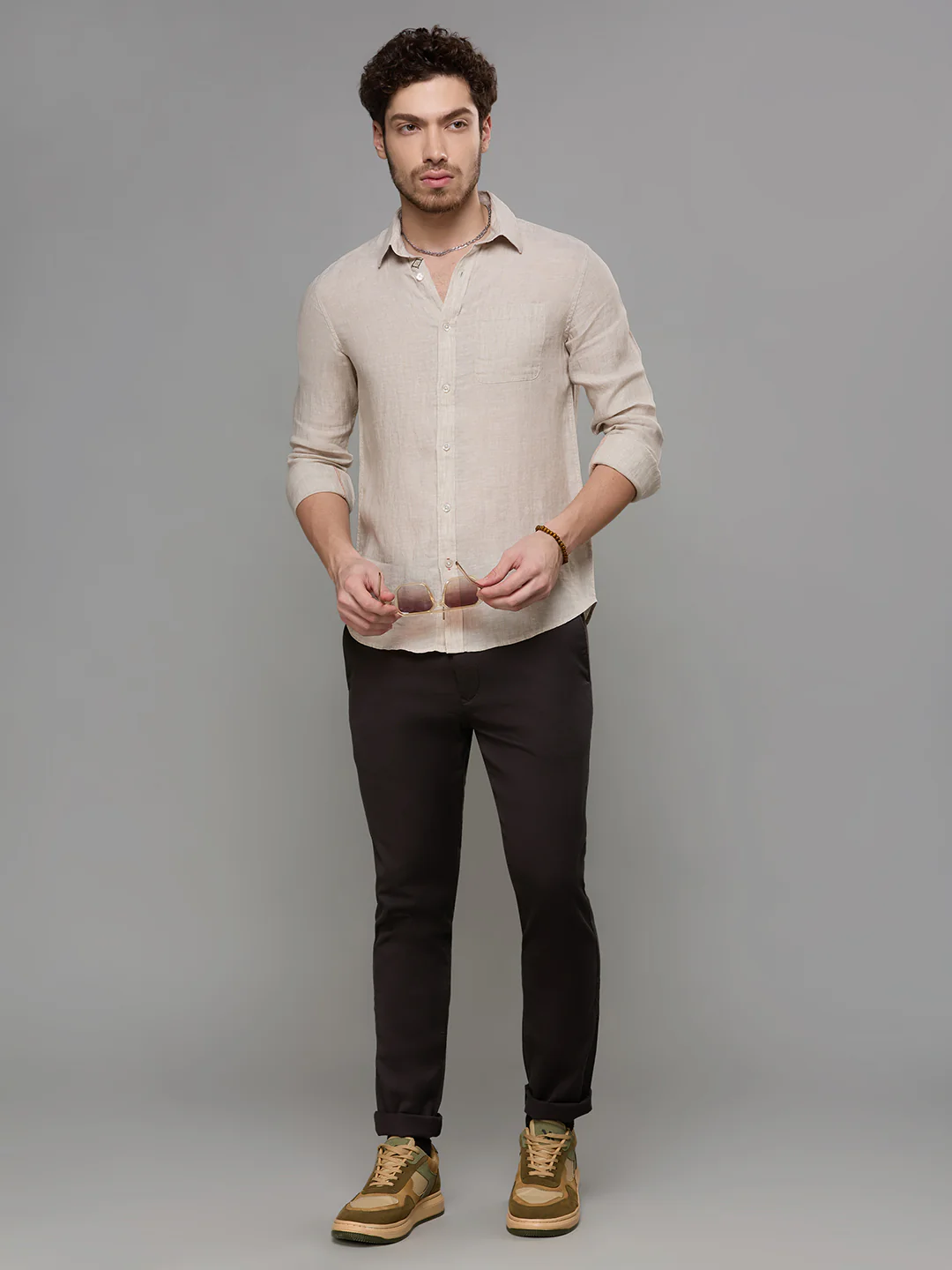 Men's Beige Solid Slim Fit Shirts - Image 8