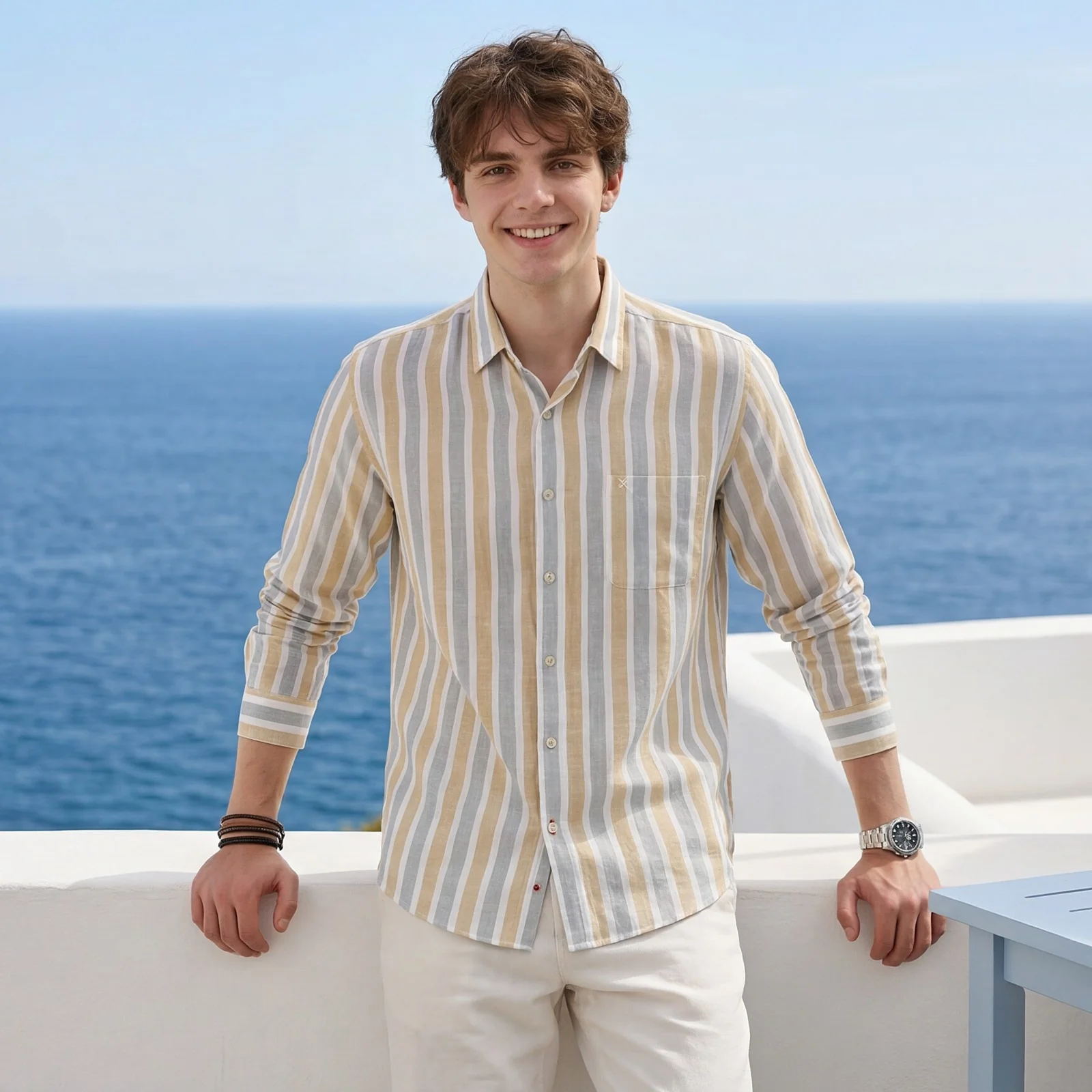 Men's Beige Stripe Slim Fit Shirts - Image 2