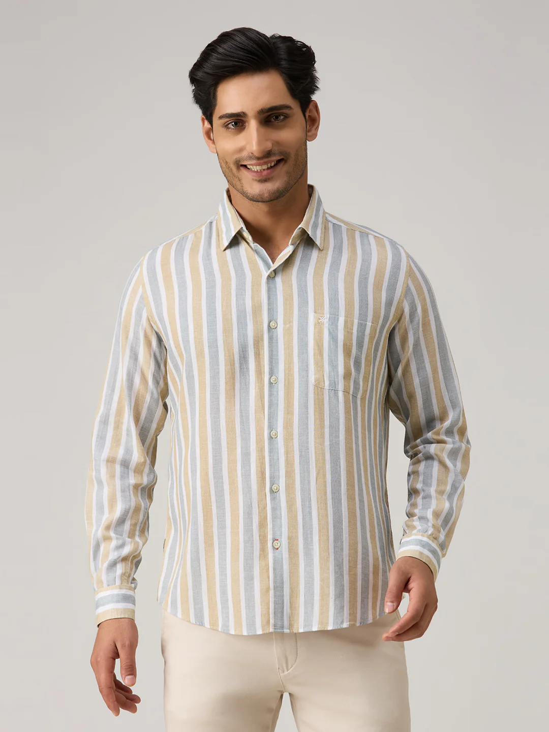 Men's Beige Stripe Slim Fit Shirts - Image 3
