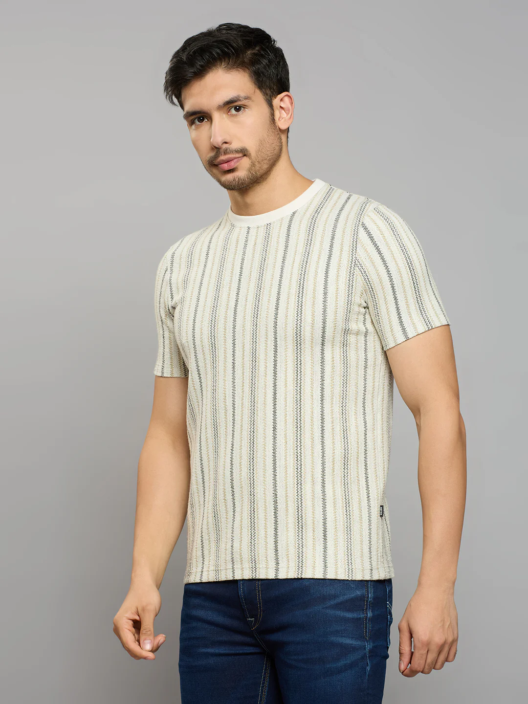 Men's Beige Striped Slim Fit T-Shirts - Image 2