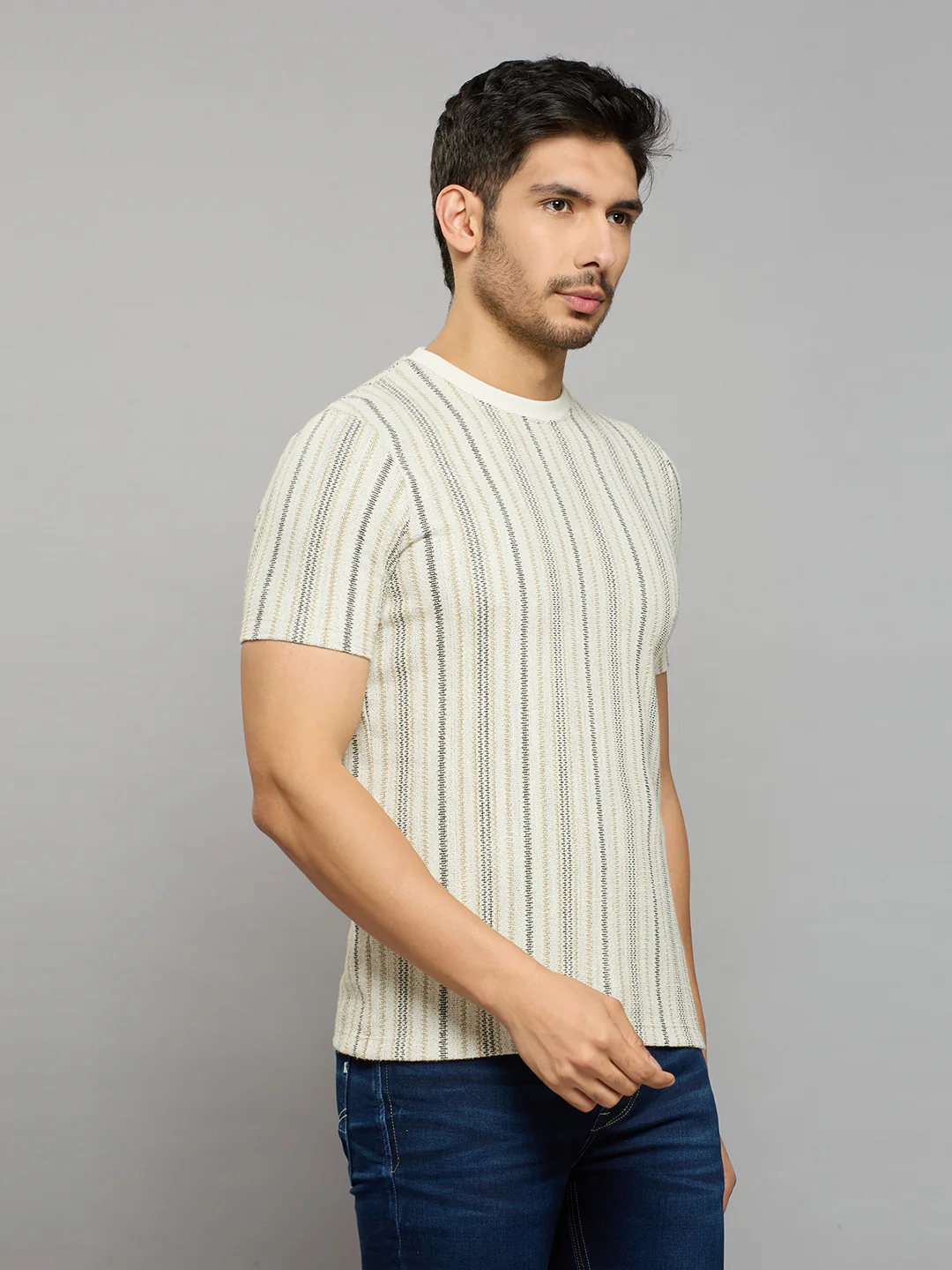 Men's Beige Striped Slim Fit T-Shirts - Image 3