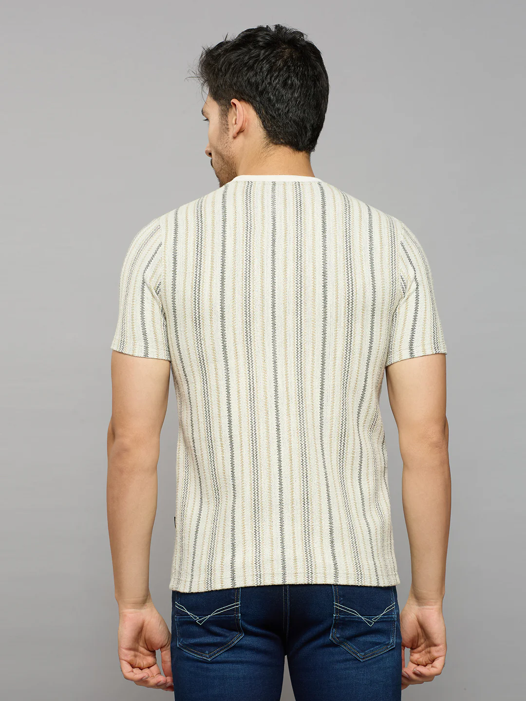 Men's Beige Striped Slim Fit T-Shirts - Image 4
