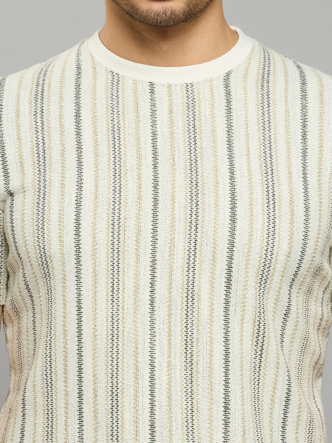 Men's Beige Striped Slim Fit T-Shirts - Image 5