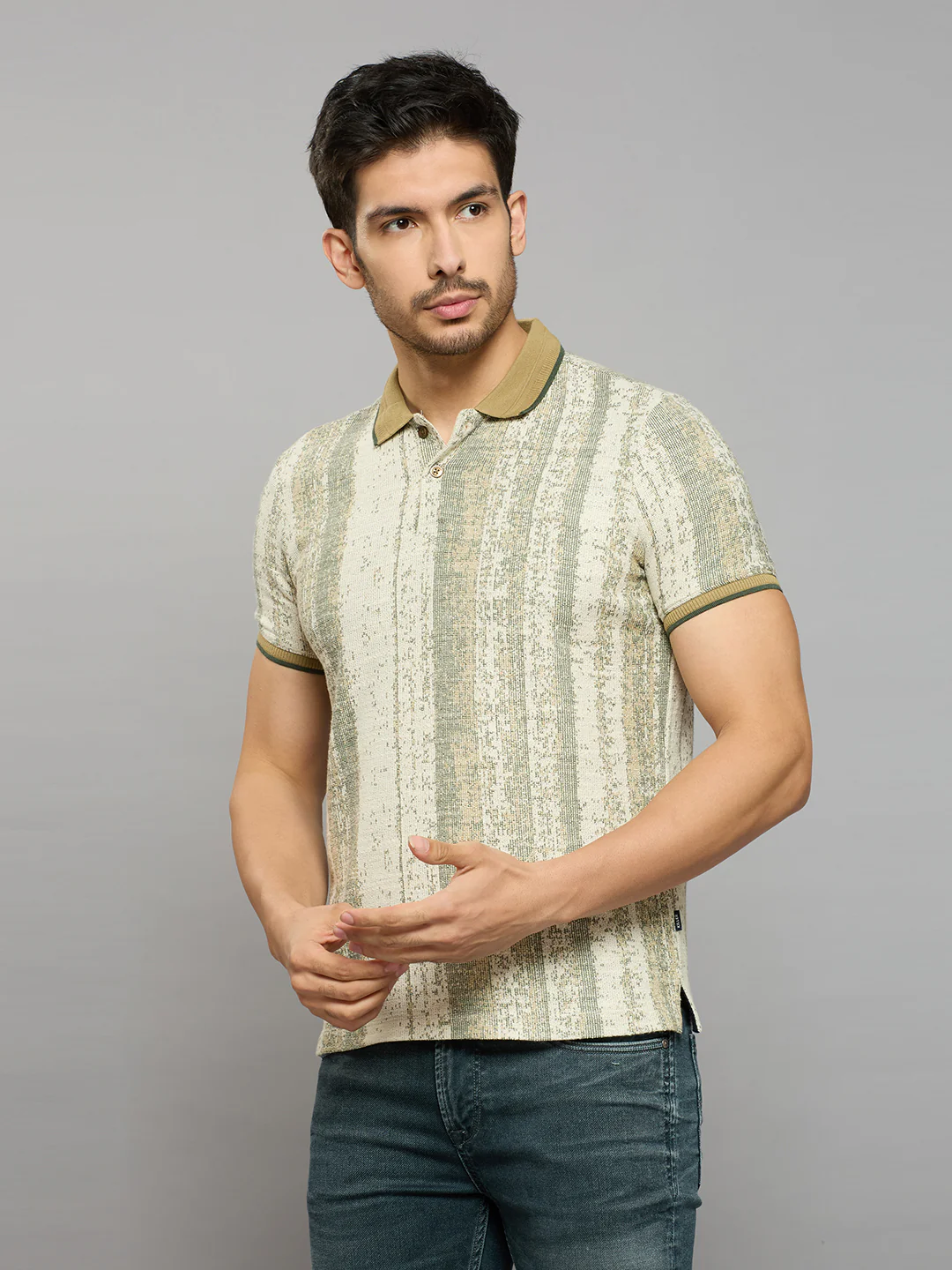 Men's Beige Striped Slim Fit T-Shirts - Image 2