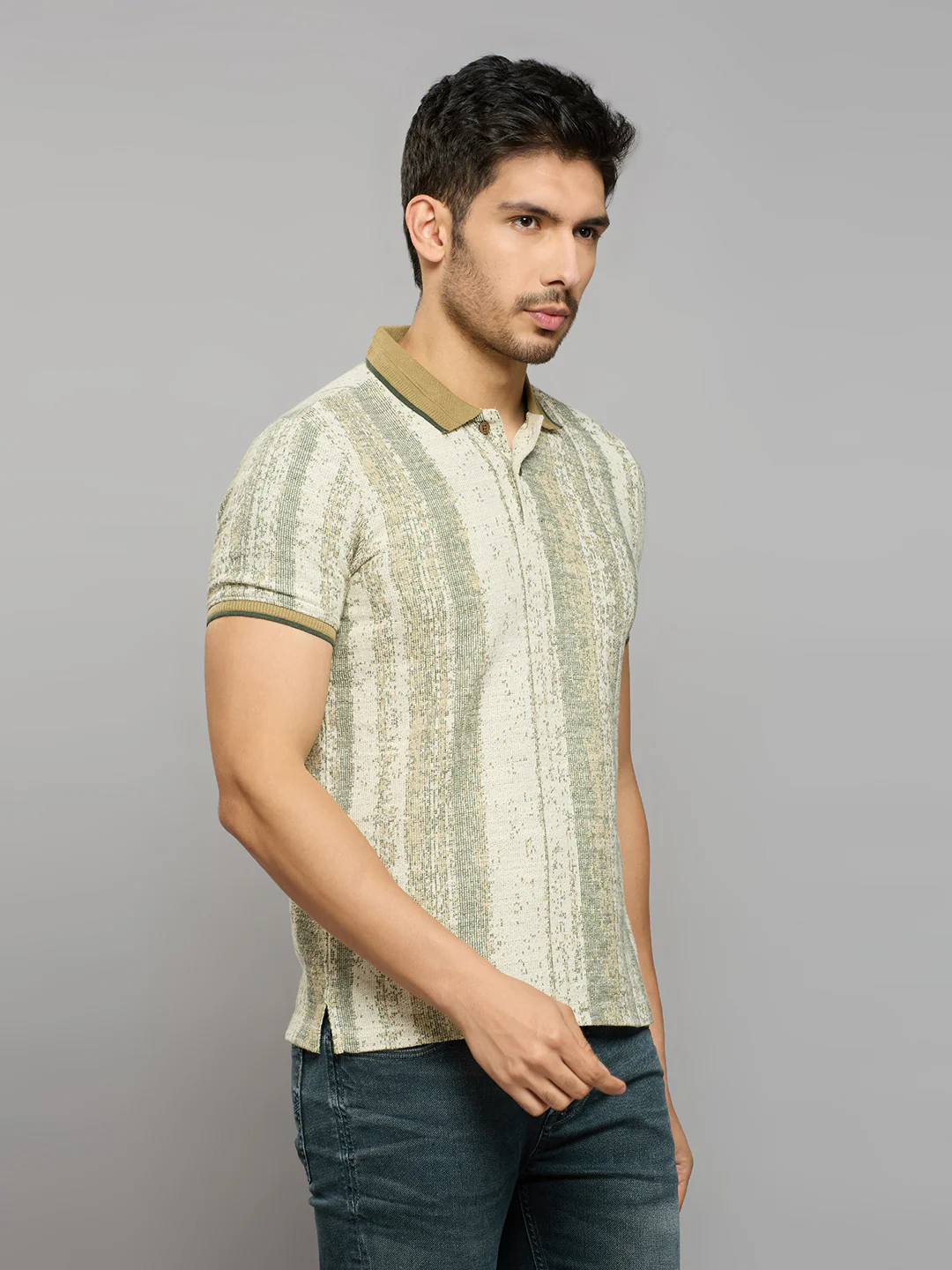 Men's Beige Striped Slim Fit T-Shirts - Image 3