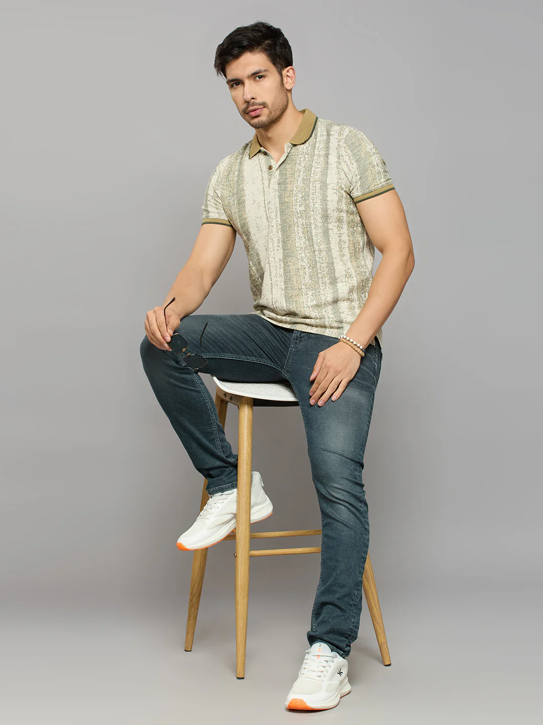 Men's Beige Striped Slim Fit T-Shirts - Image 6