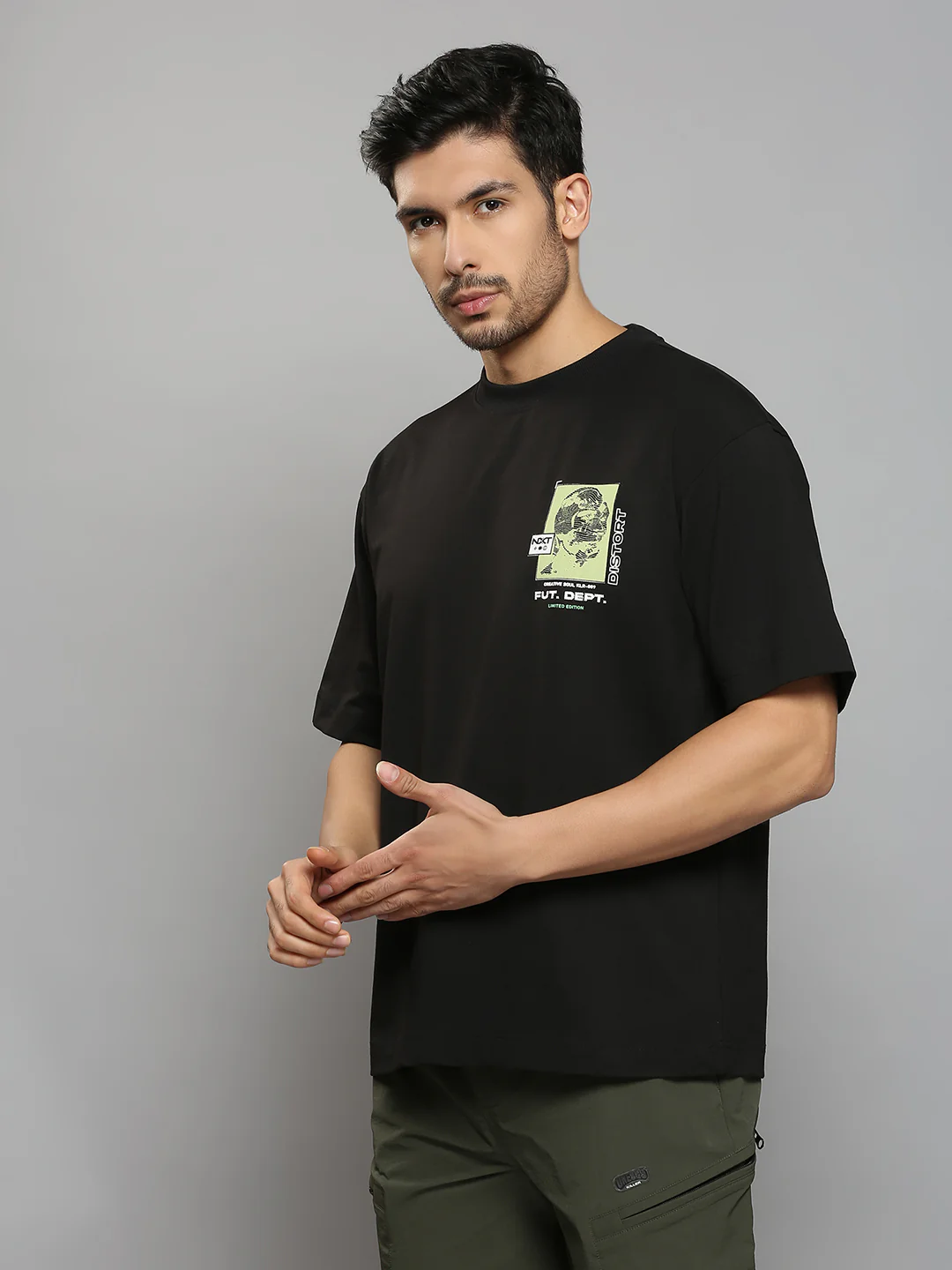 Men's Black Printed Oversized Fit T-Shirts - Image 2
