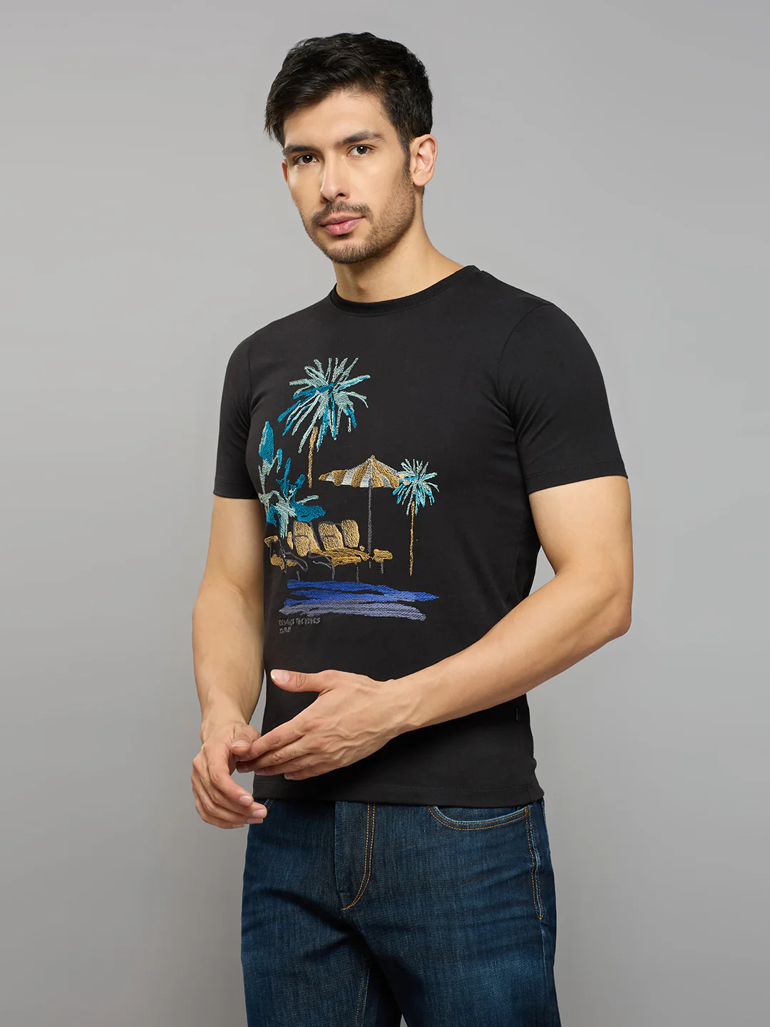 Men's Black Printed Slim Fit T-Shirts - Image 2