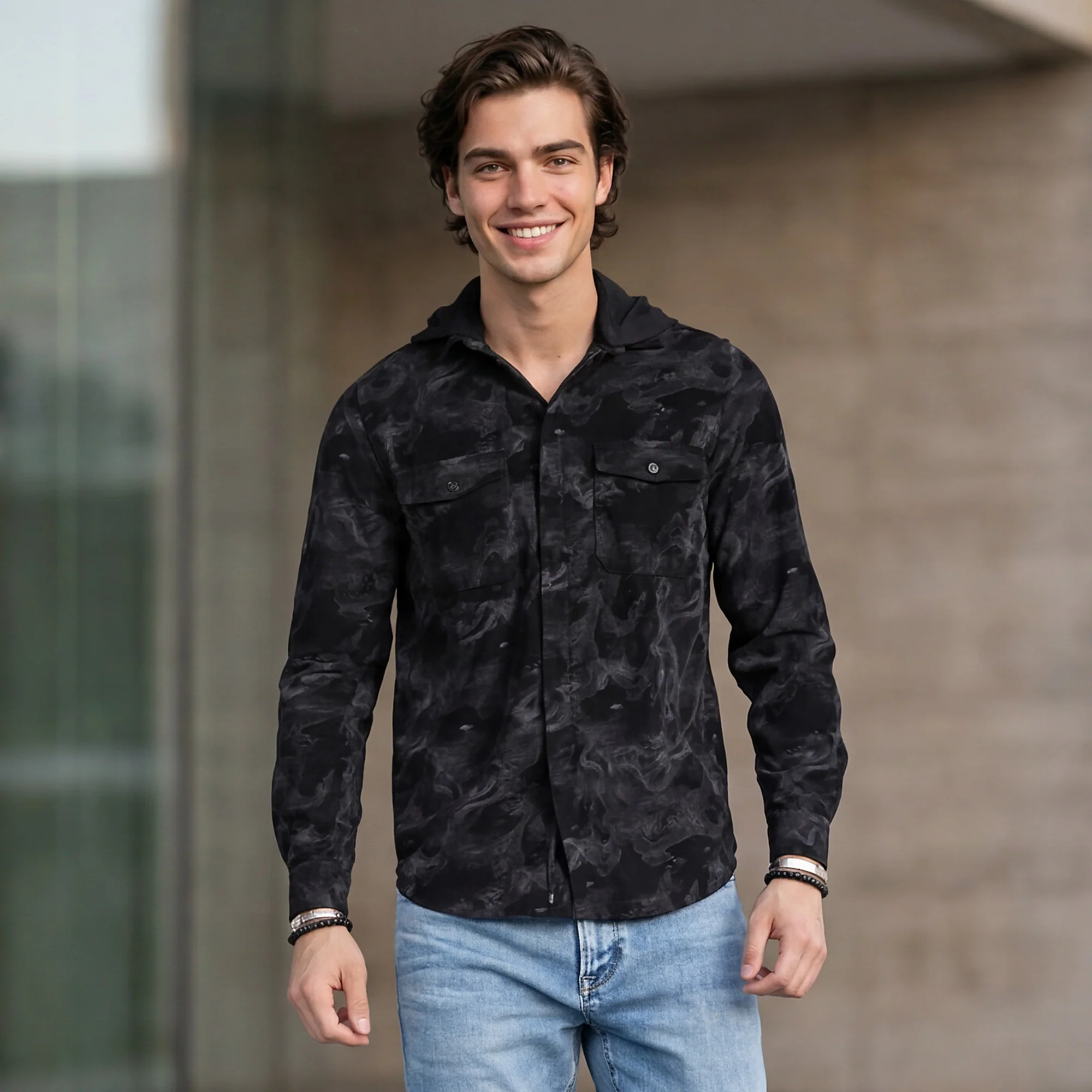 Men's Black Printed Straight Fit Shirts - Image 2