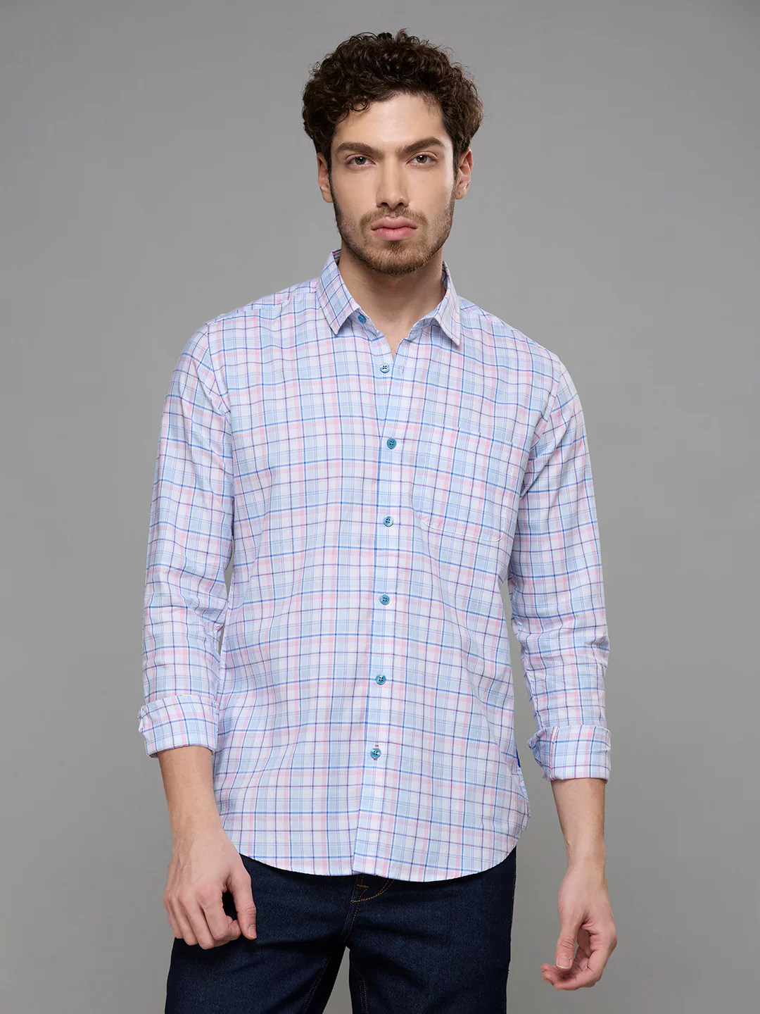 Men's Blue Checks Slim Fit Shirts - Image 3