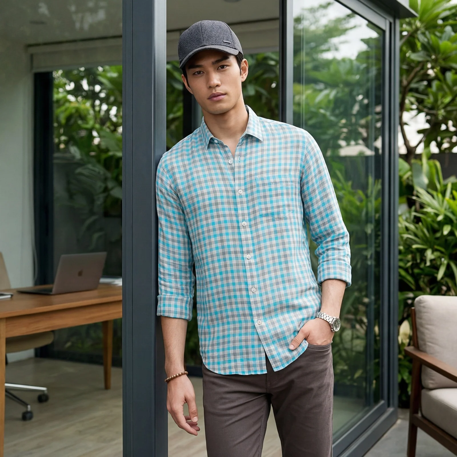 Men's Blue Checks Slim Fit Shirts - Image 2