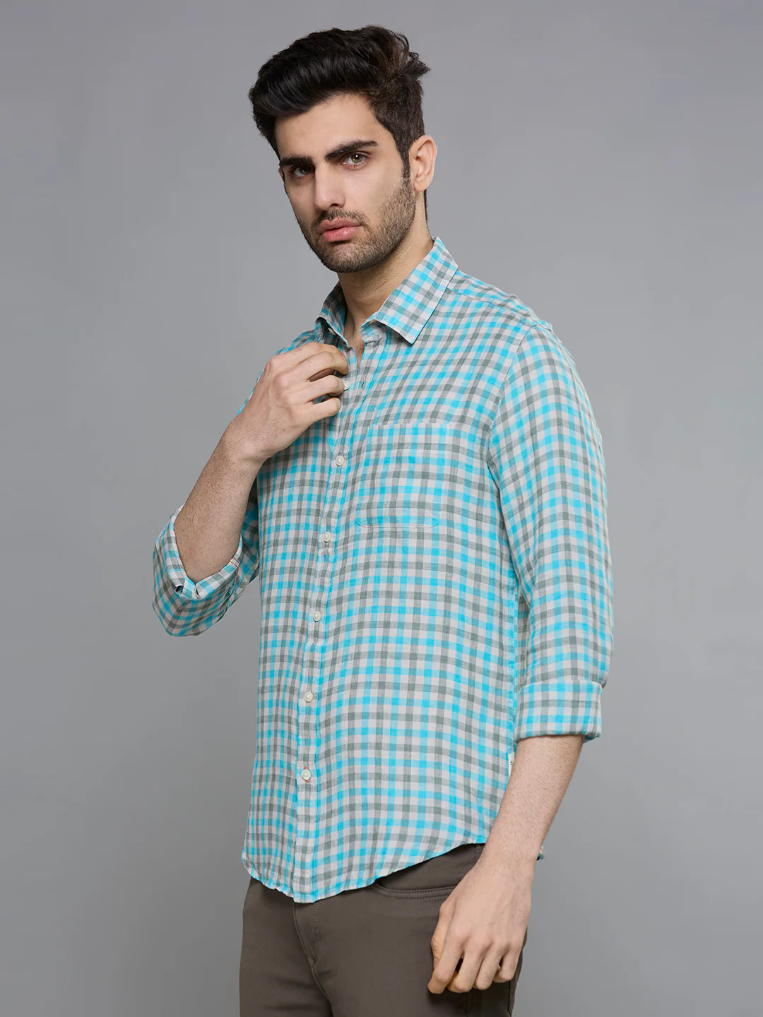 Men's Blue Checks Slim Fit Shirts - Image 4