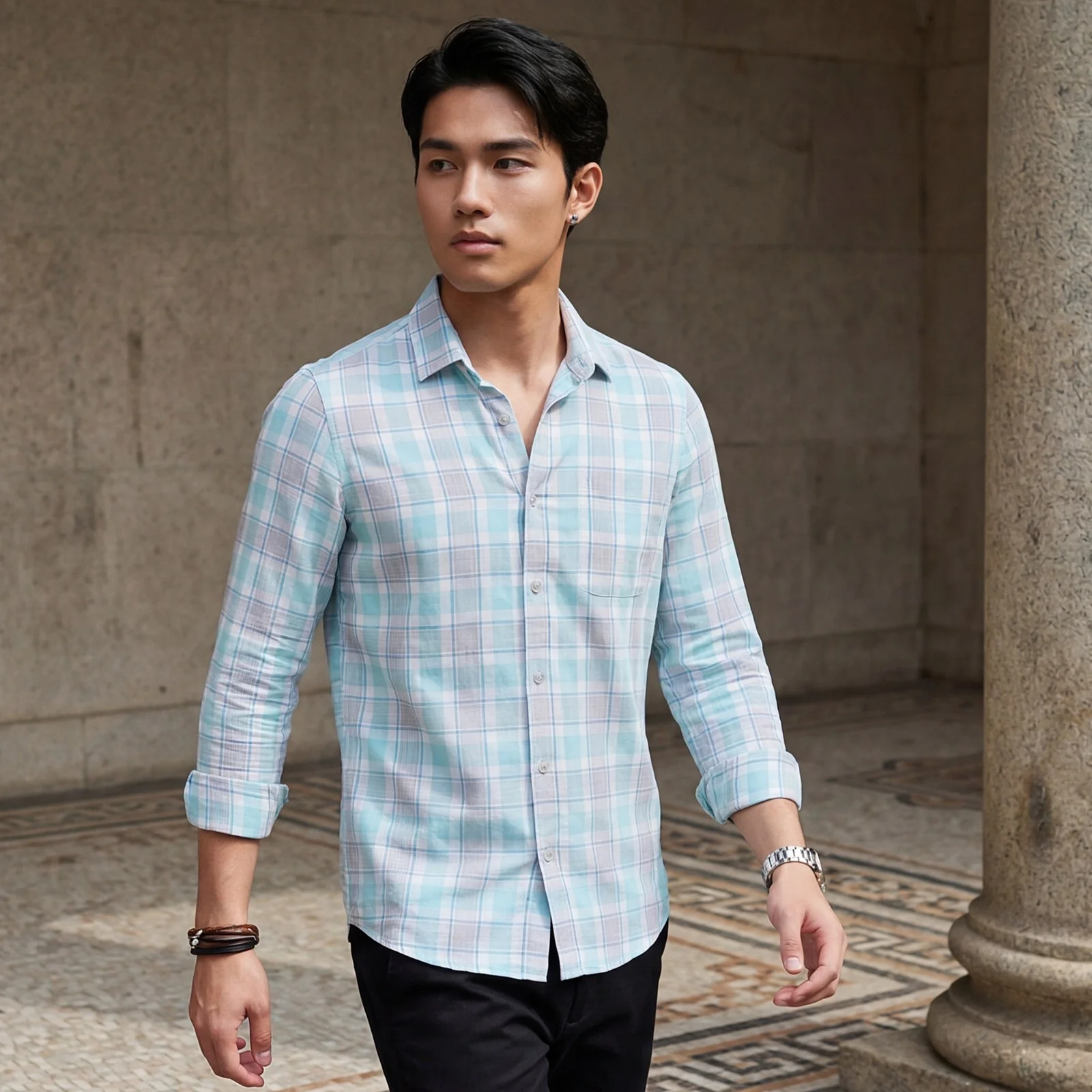 Men's Blue Checks Slim Fit Shirts - Image 2