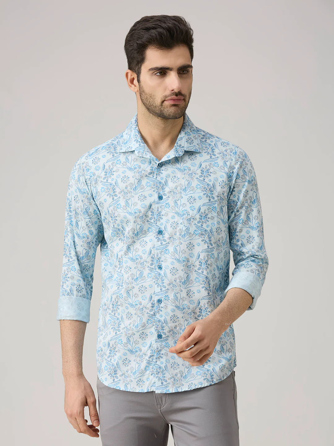 Men's Blue Printed Slim Fit Shirts - Image 3