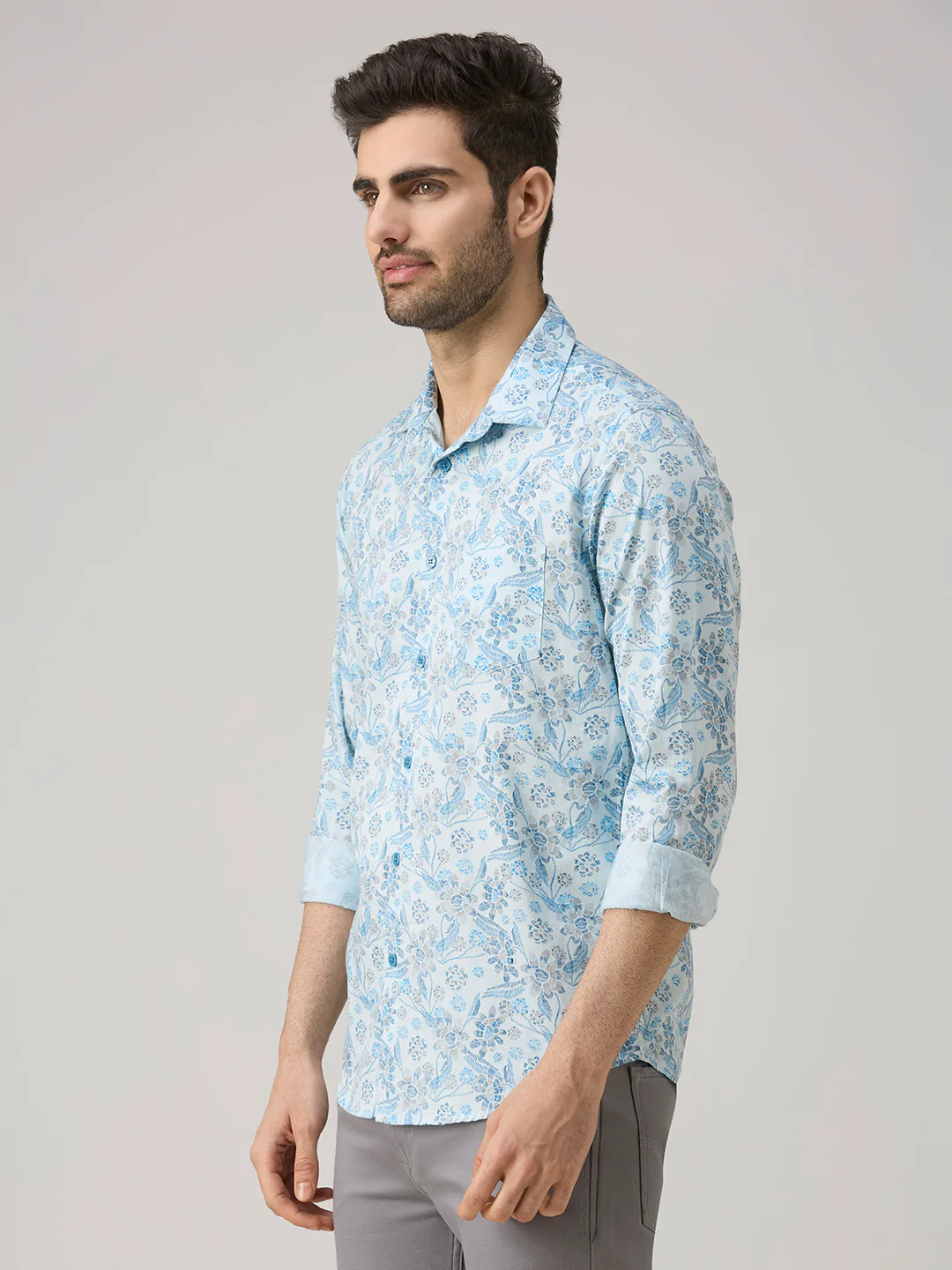 Men's Blue Printed Slim Fit Shirts - Image 4